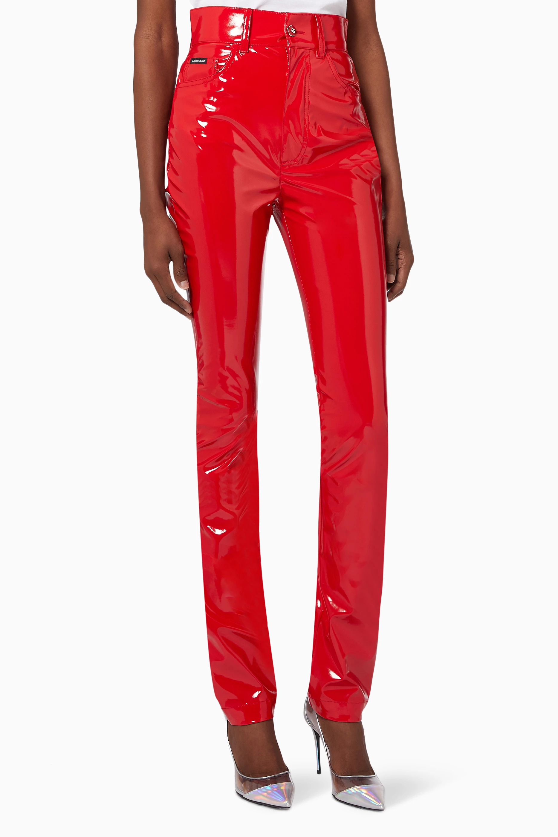 Buy Dolce Gabbana Red Slim fit Pants in Patent Leather for Women in UAE Ounass
