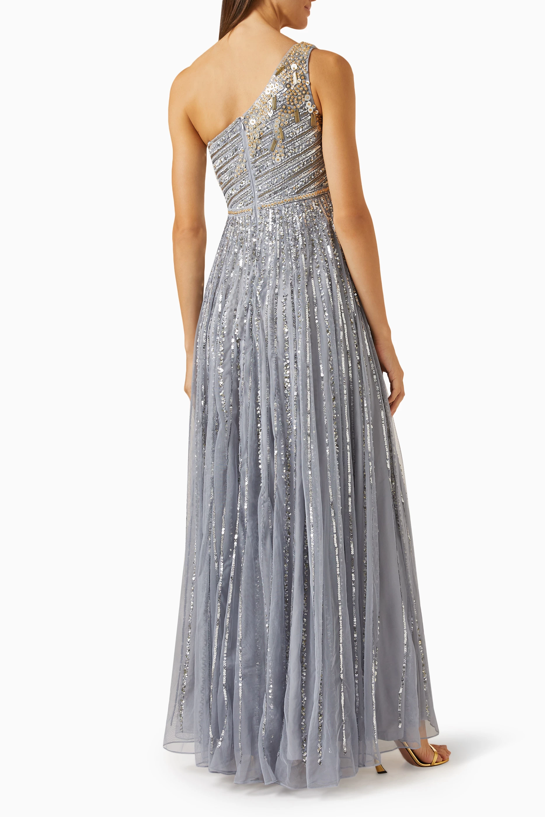 Buy Mac Duggal Silver Embellished One shoulder Gown in Tulle for