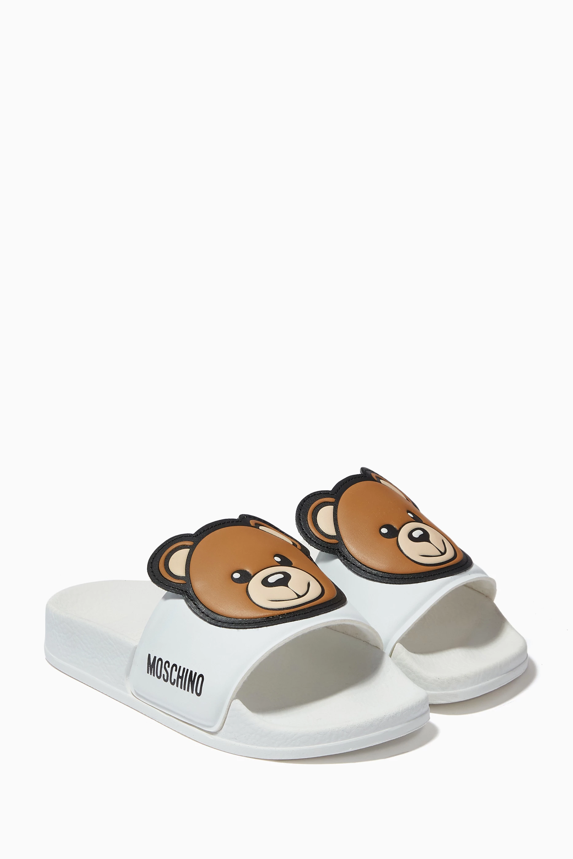 Buy Moschino White Macro Teddy Bear Slides in Rubber for UNISEX in