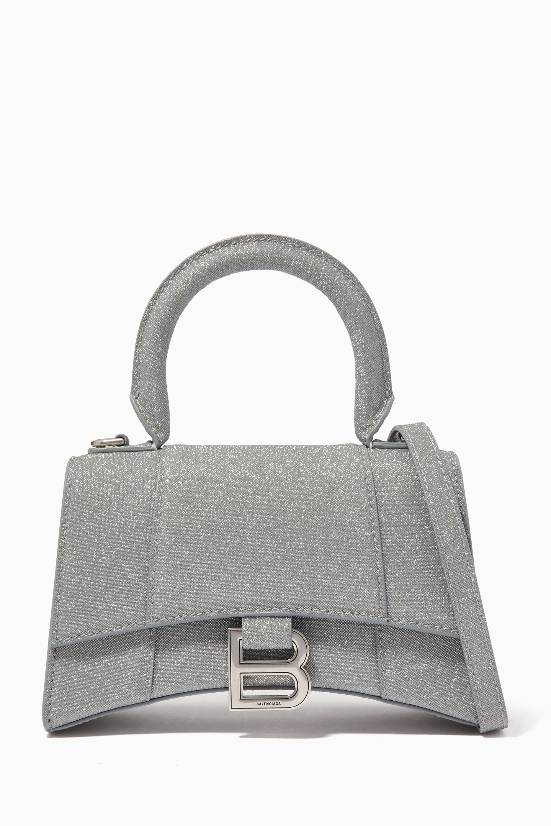 Buy Balenciaga Grey Hourglass XS Top Handle Bag in Glitter Fabric