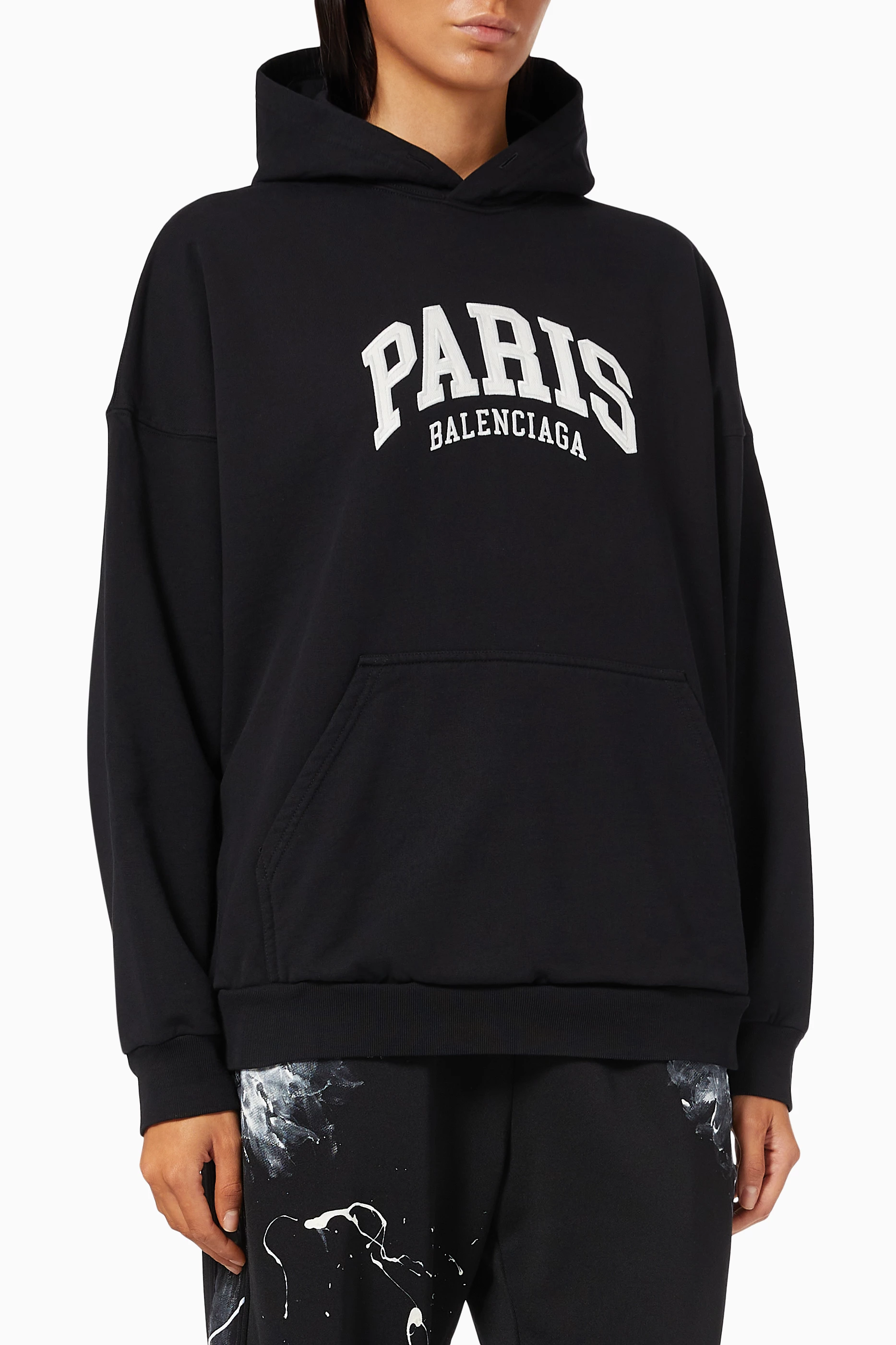 Buy Balenciaga Black Paris Wide Fit Hoodie in Cotton Fleece for Women in UAE Ounass