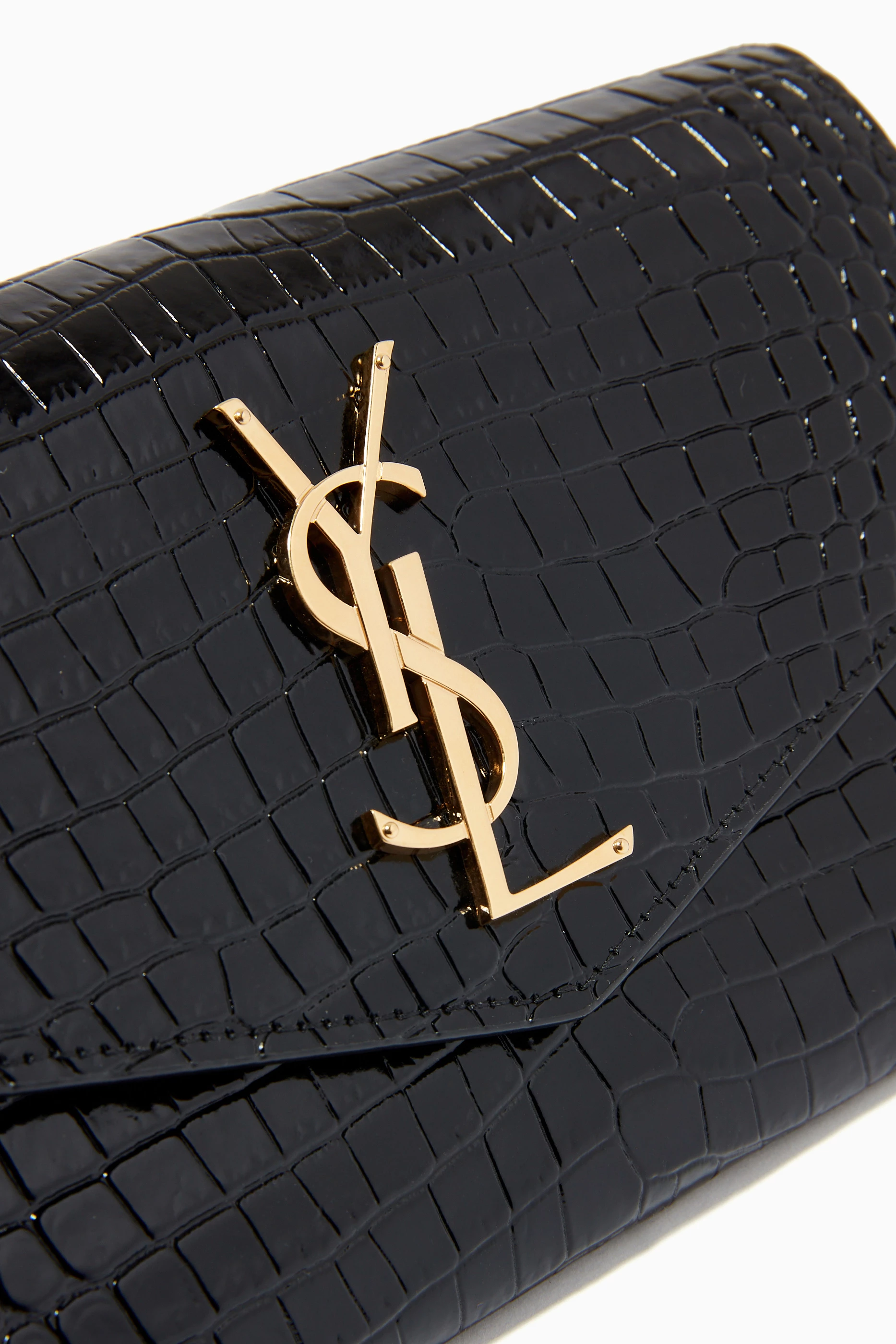Uptown Croc Effect Leather Wallet On Chain in Black - Saint Laurent