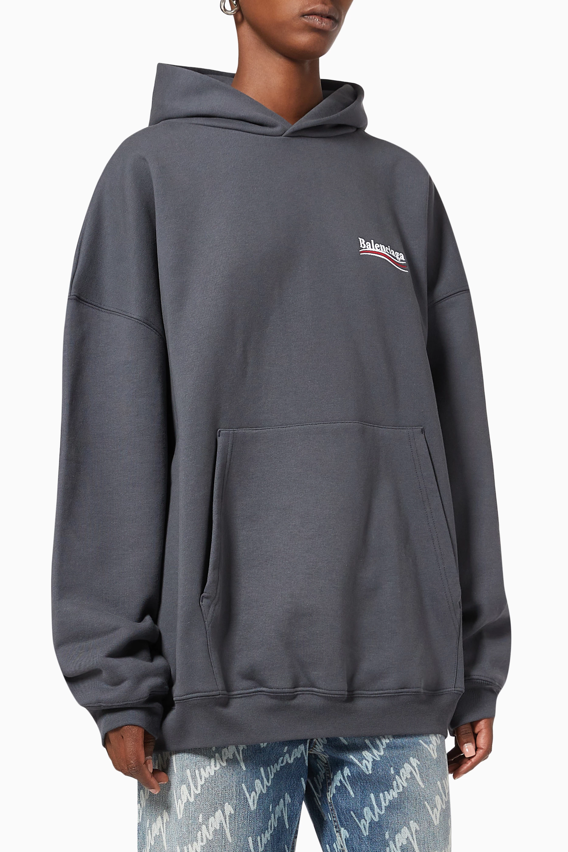 Buy Balenciaga Grey Political Campaign Hoodie in Curly Cotton Fleece for Women in UAE Ounass