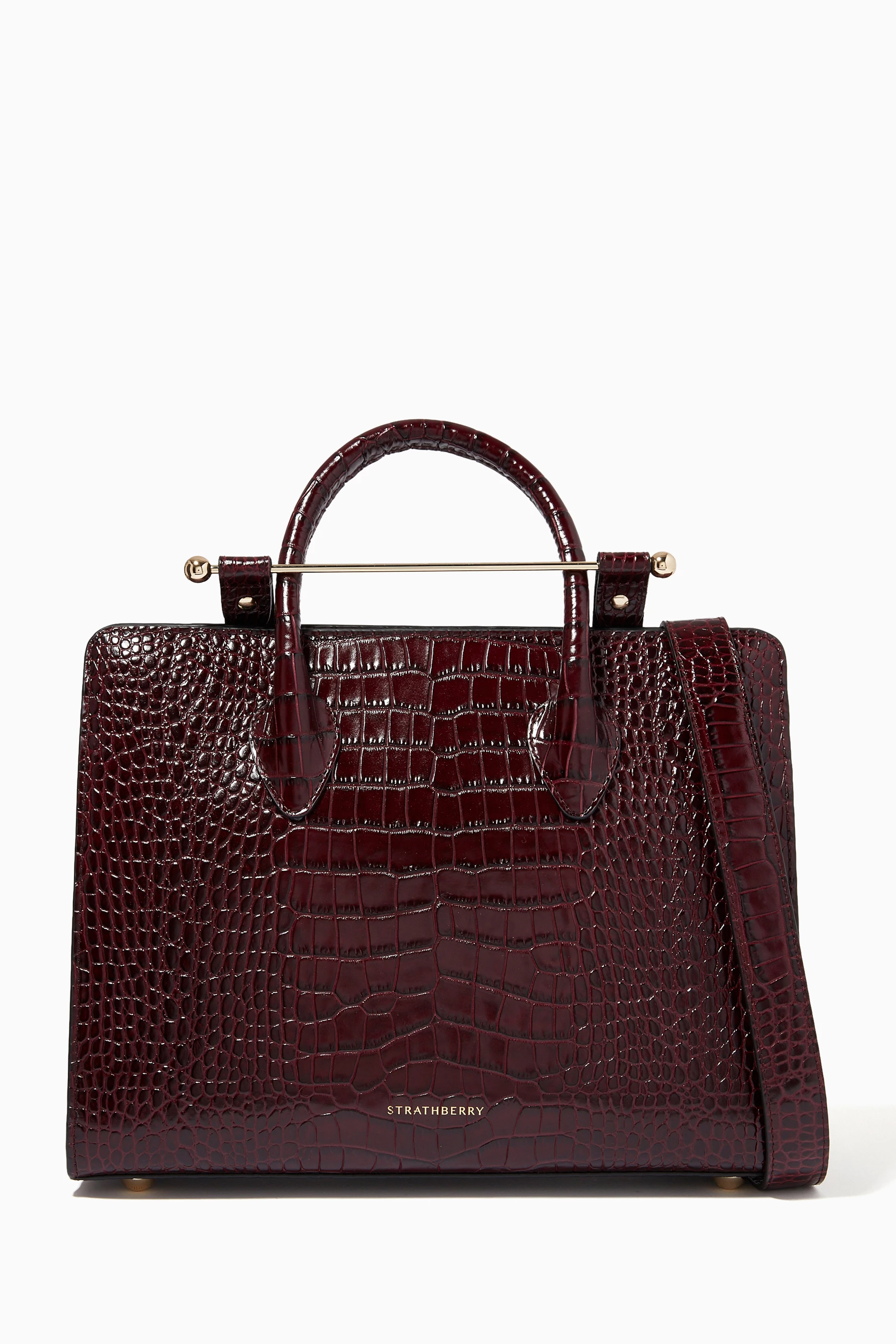 Buy Strathberry Burgundy Midi Tote Bag in Croc embossed Leather