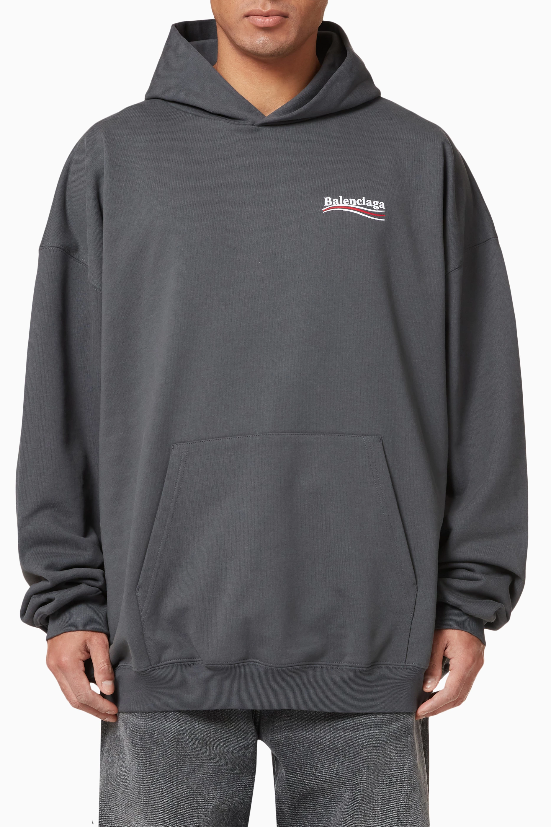 Buy Balenciaga Grey Political Campaign Large Fit Hoodie in Cotton Fleece for Men in UAE Ounass