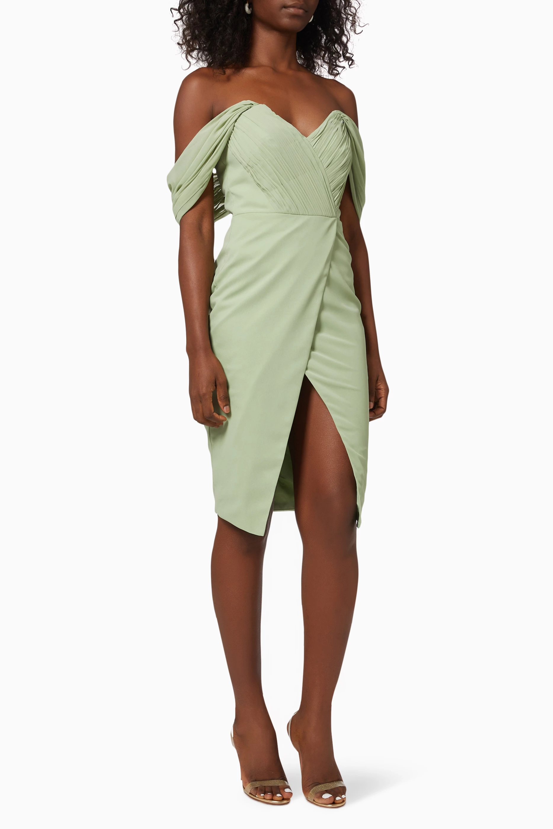 Lavish alice pleated bardot and draped belt midi dress sale