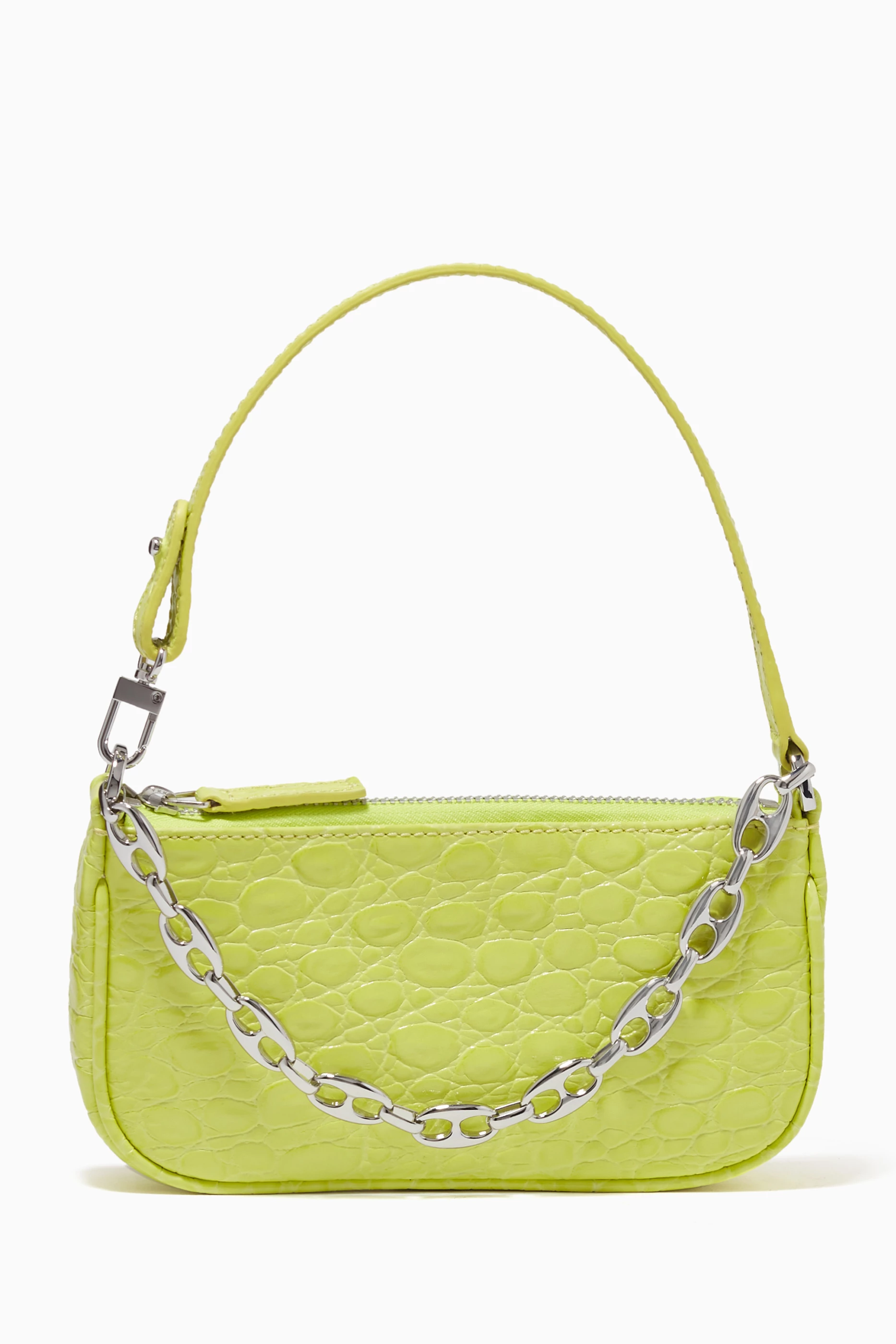 Buy BY FAR Yellow Mini Rachel Shoulder Bag with Chain in Crocodile