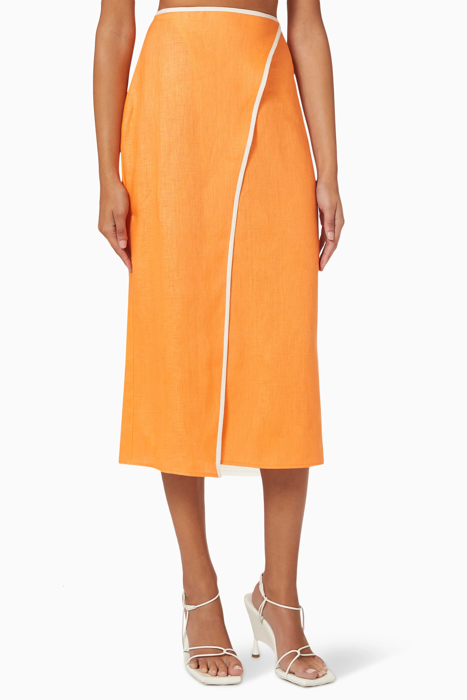 Buy Matthew Bruch Orange Wrap Midi Skirt in Linen for Women in UAE
