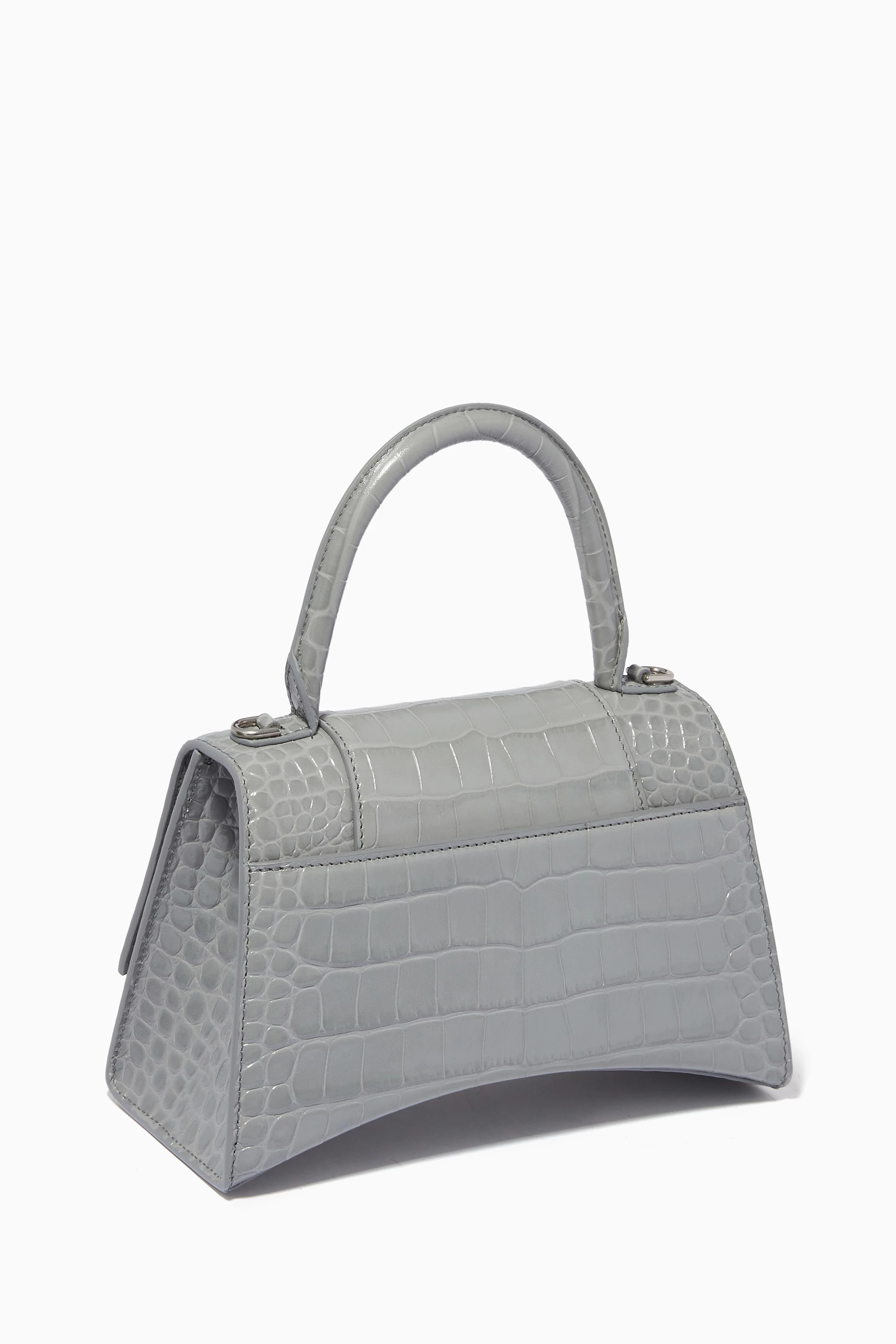 Balenciaga Hourglass Top Handle Bag Small Crocodile Embossed Grey