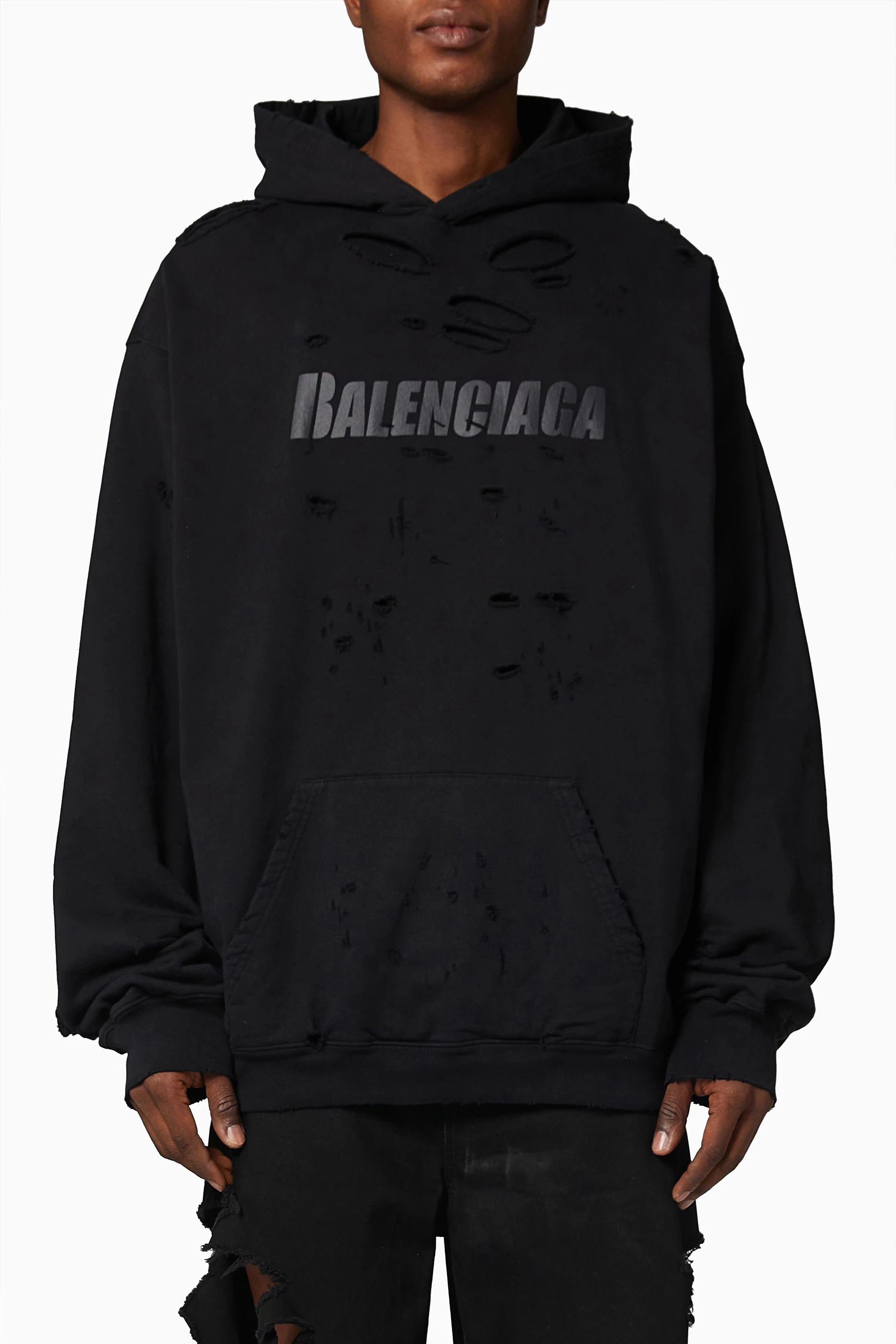 Buy Balenciaga Black Caps Destroyed Oversized Hoodie in Organic Medium Fleece for Men in UAE Ounass