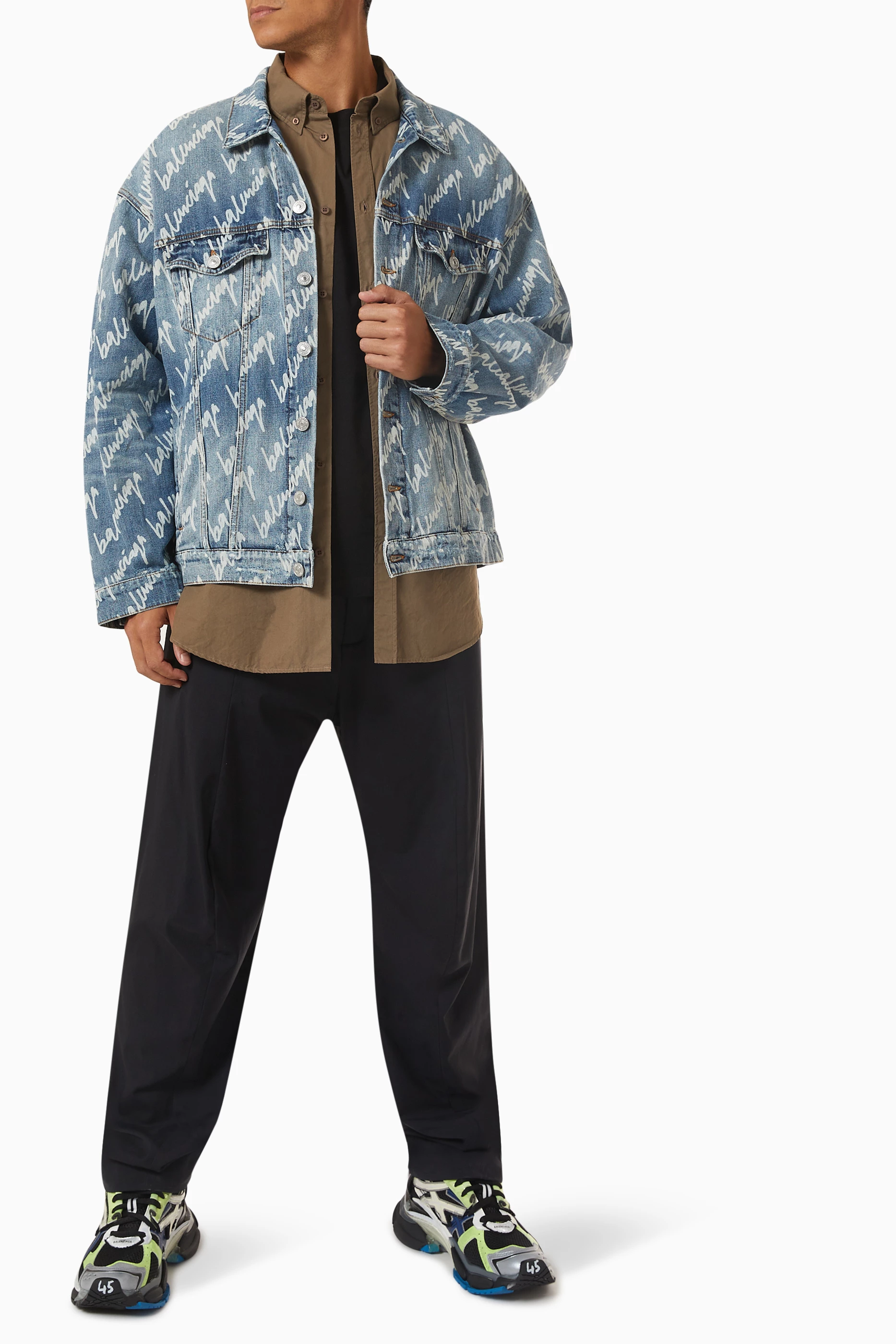 Buy Balenciaga Blue All over Logo Print oversized Jacket in Denim