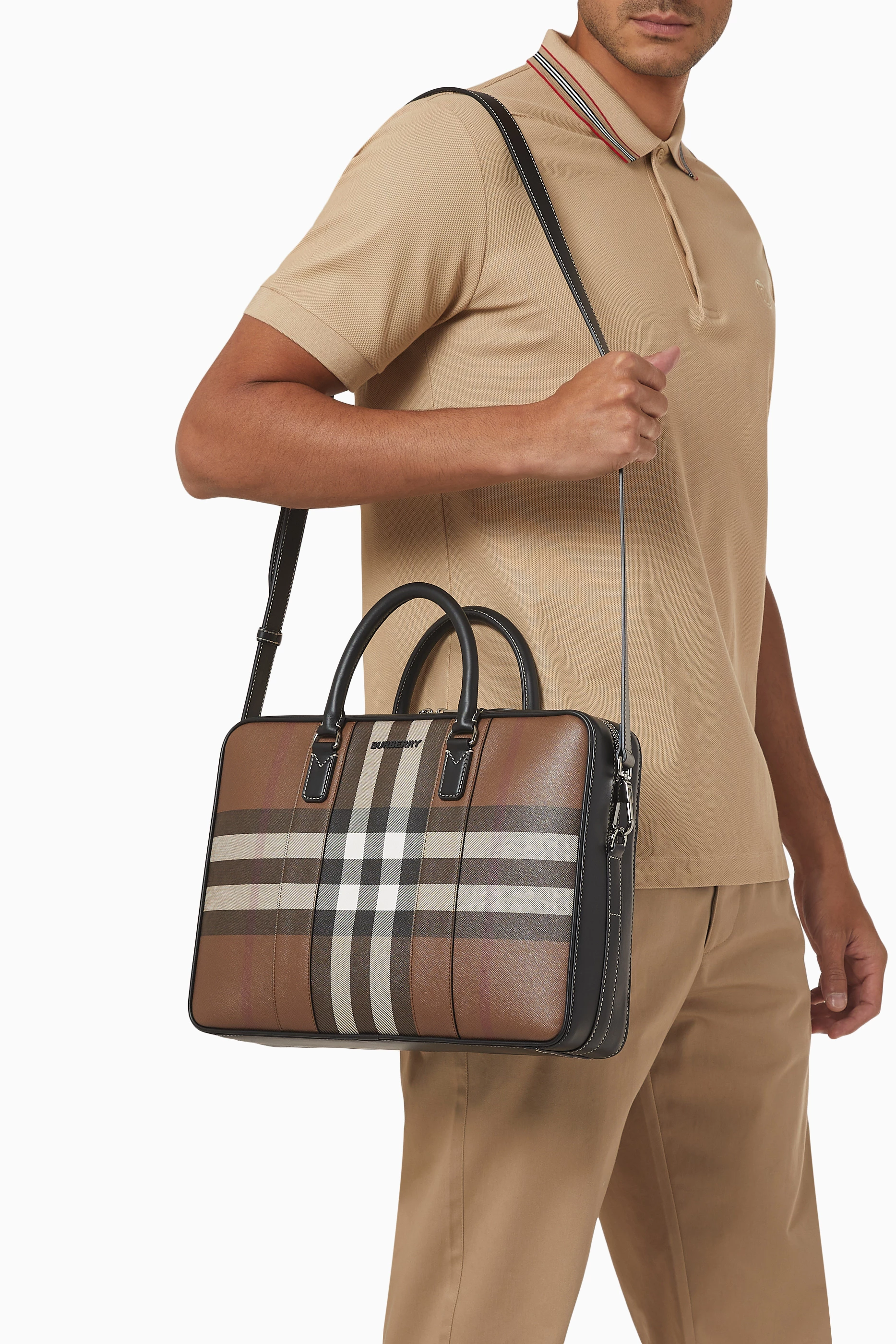 Buy Burberry Brown Ainsworth Check Briefcase in Eco canvas