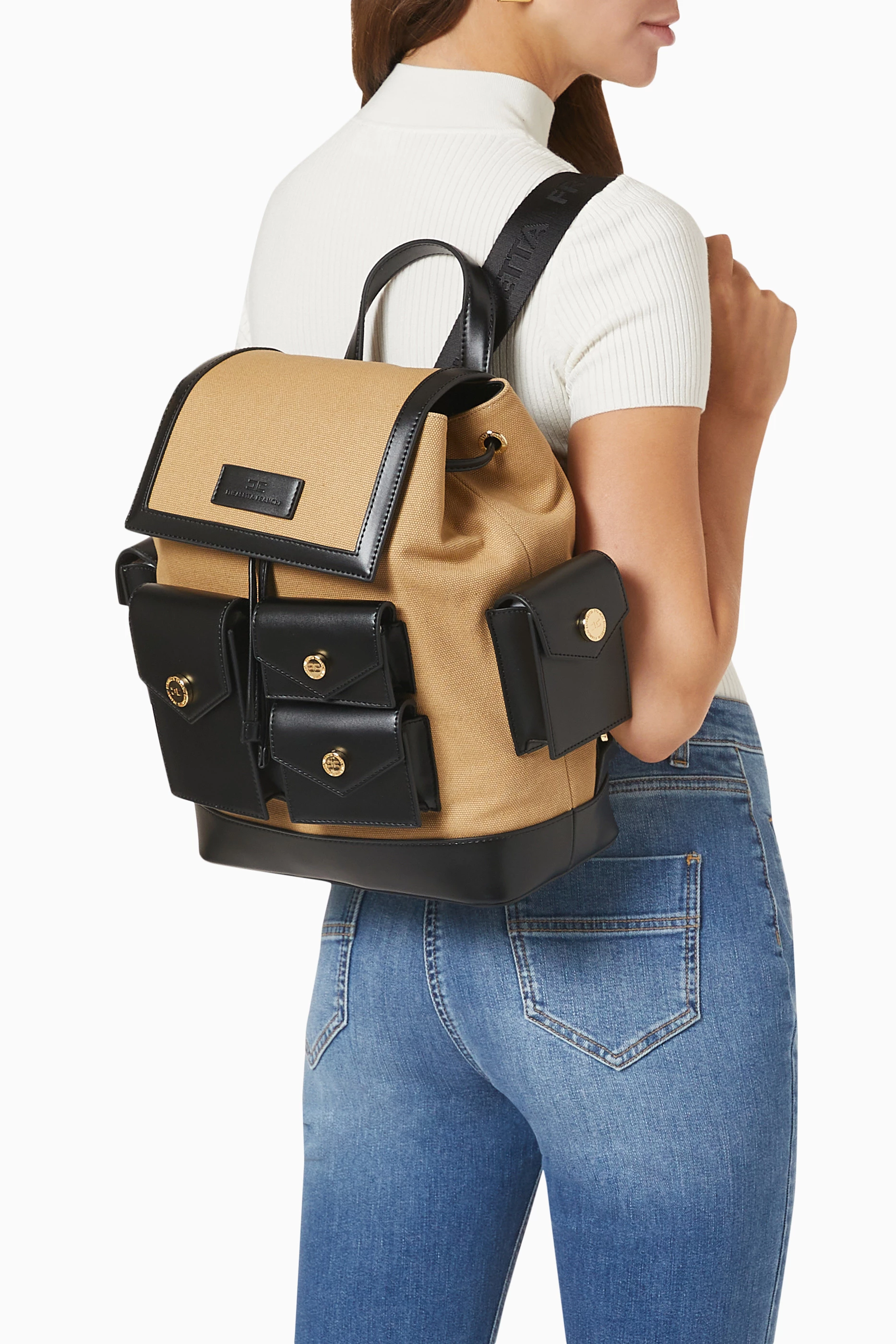 Buy Elisabetta Franchi Brown Utility Backpack in Canvas for Women