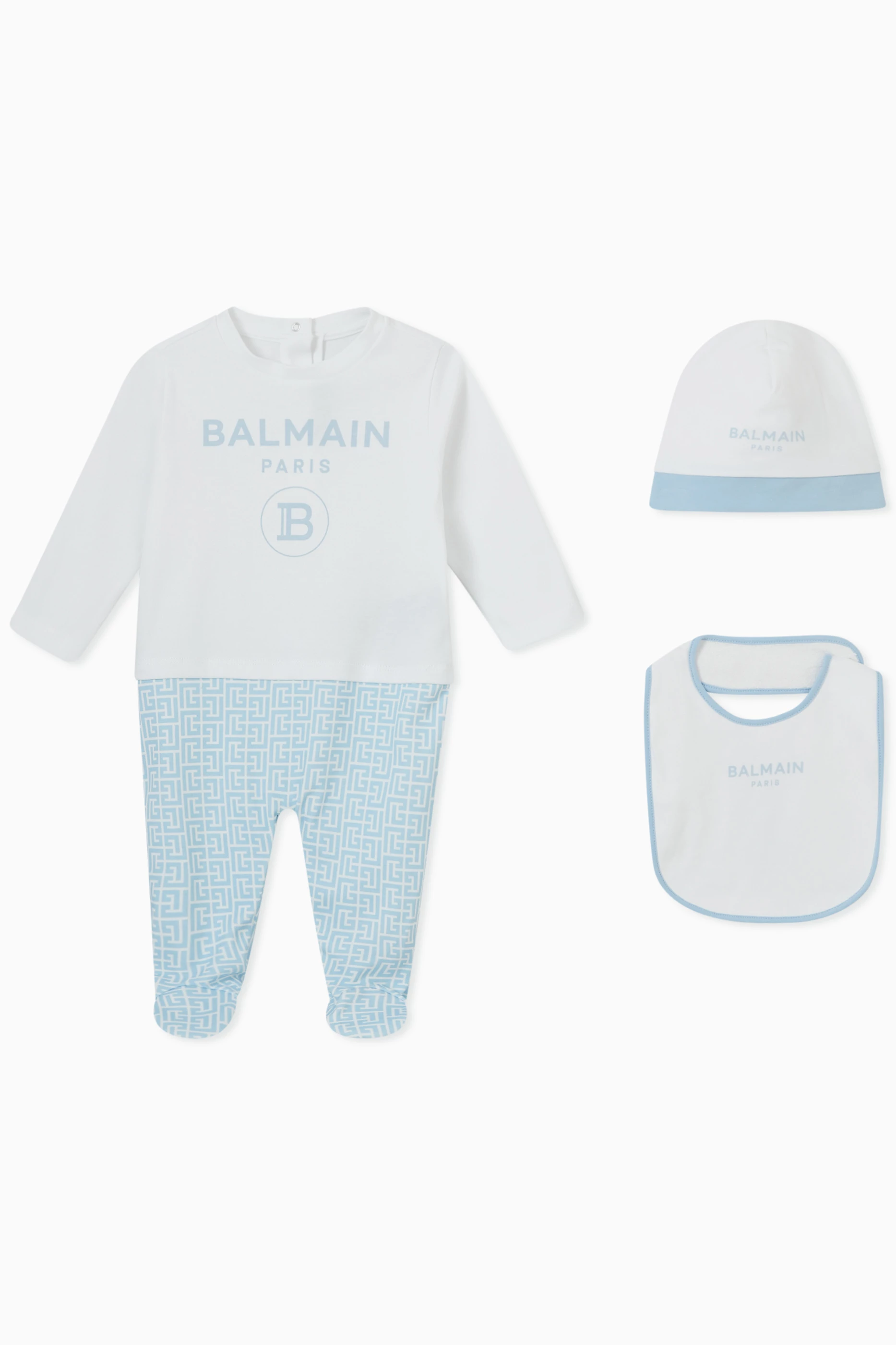 Buy Balmain Blue Balmain Pyjama Gift Set of Romper Hat Bib for Baby Boys in UAE Ounass