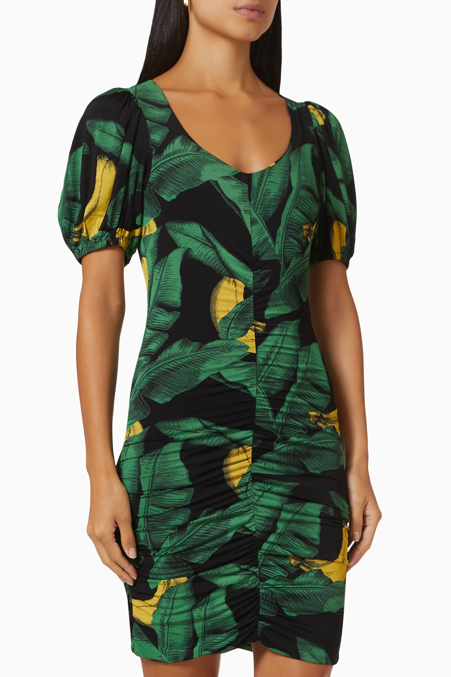 Buy Ganni Black Floral Mini Dress in Ruched mesh for Women in UAE