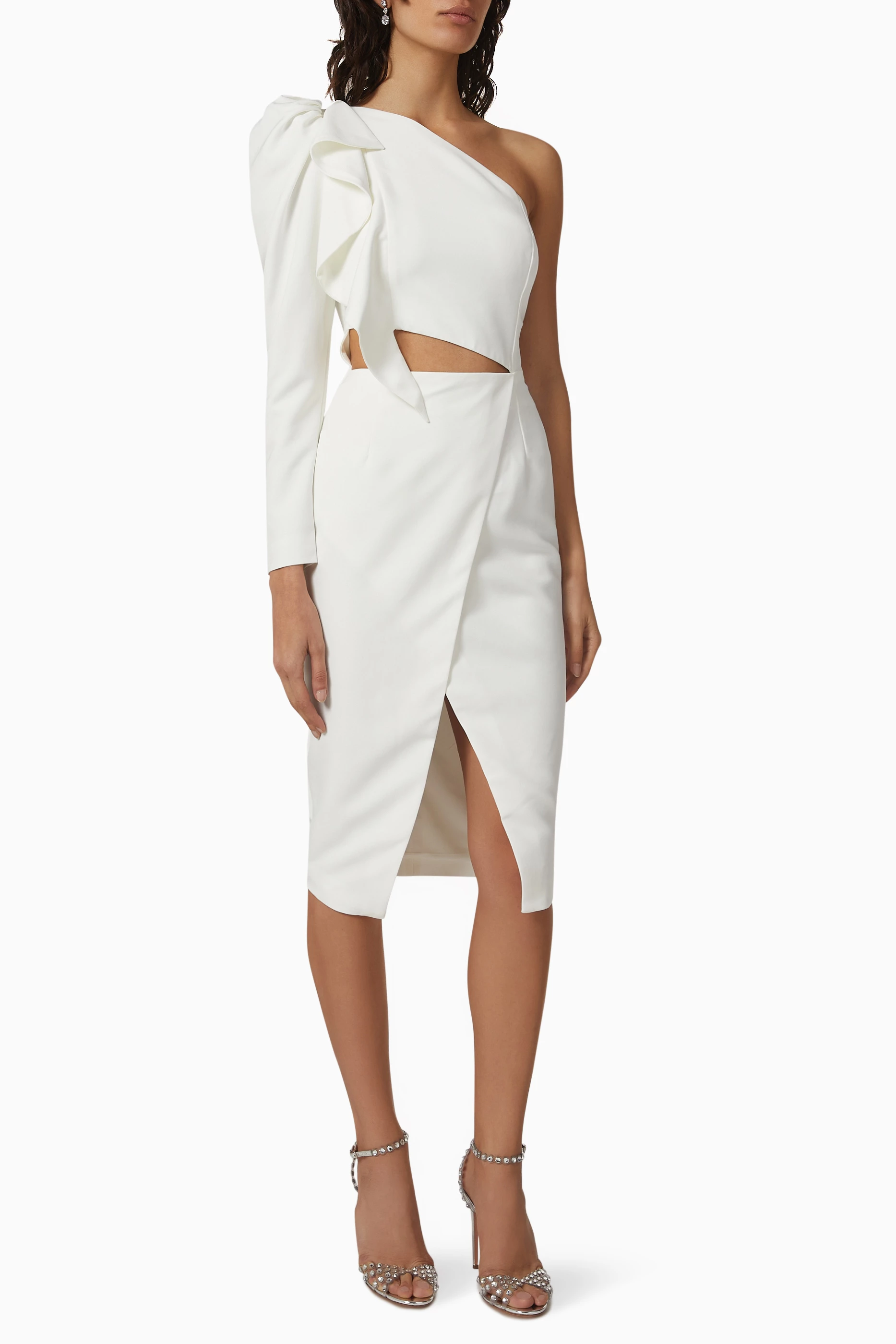 Buy Lavish Alice White One shoulder Ruffle Wrap Midi Dress for WOMEN in UAE Ounass