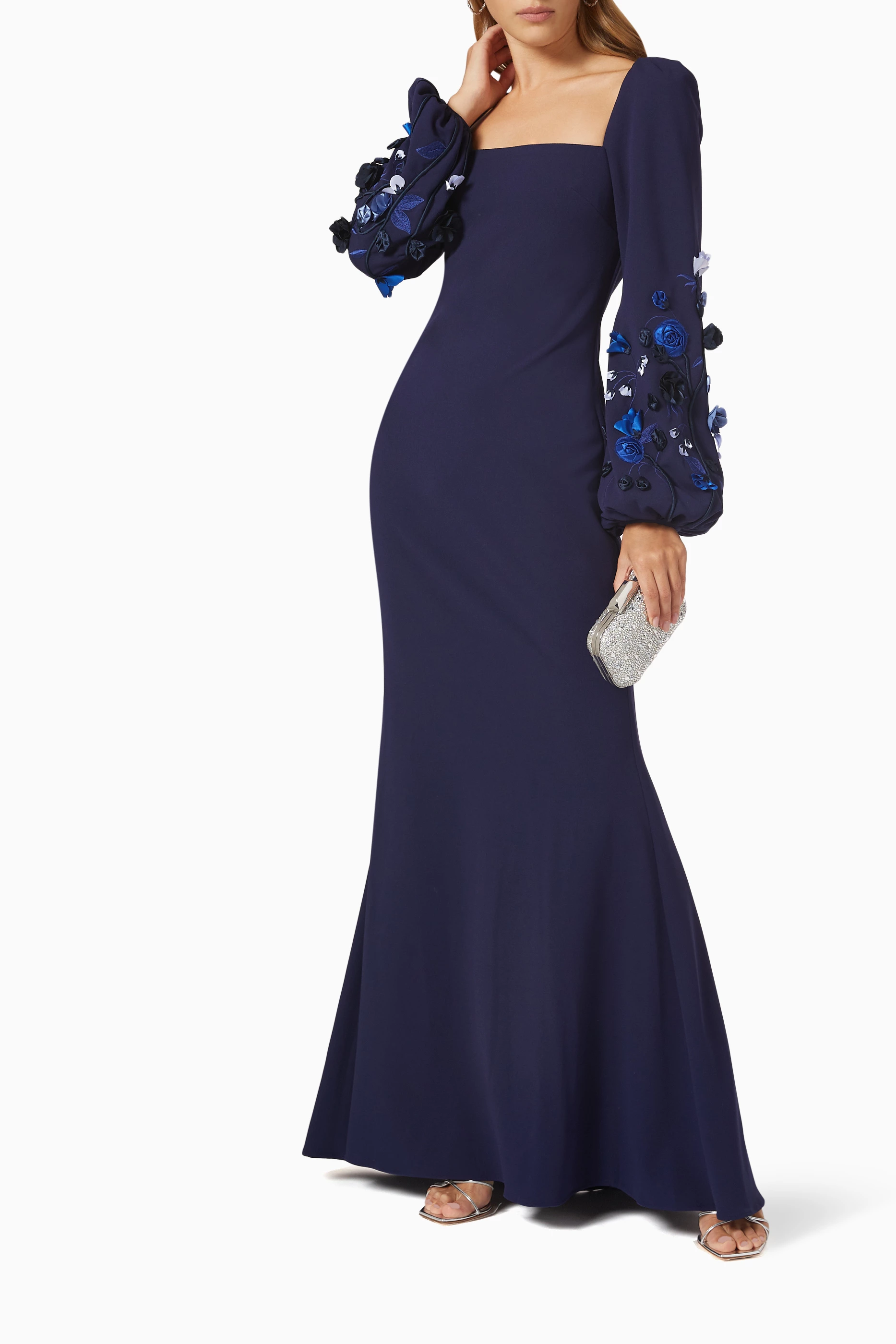 Off the shoulder 3d floral online sleeve scuba crepe evening dress
