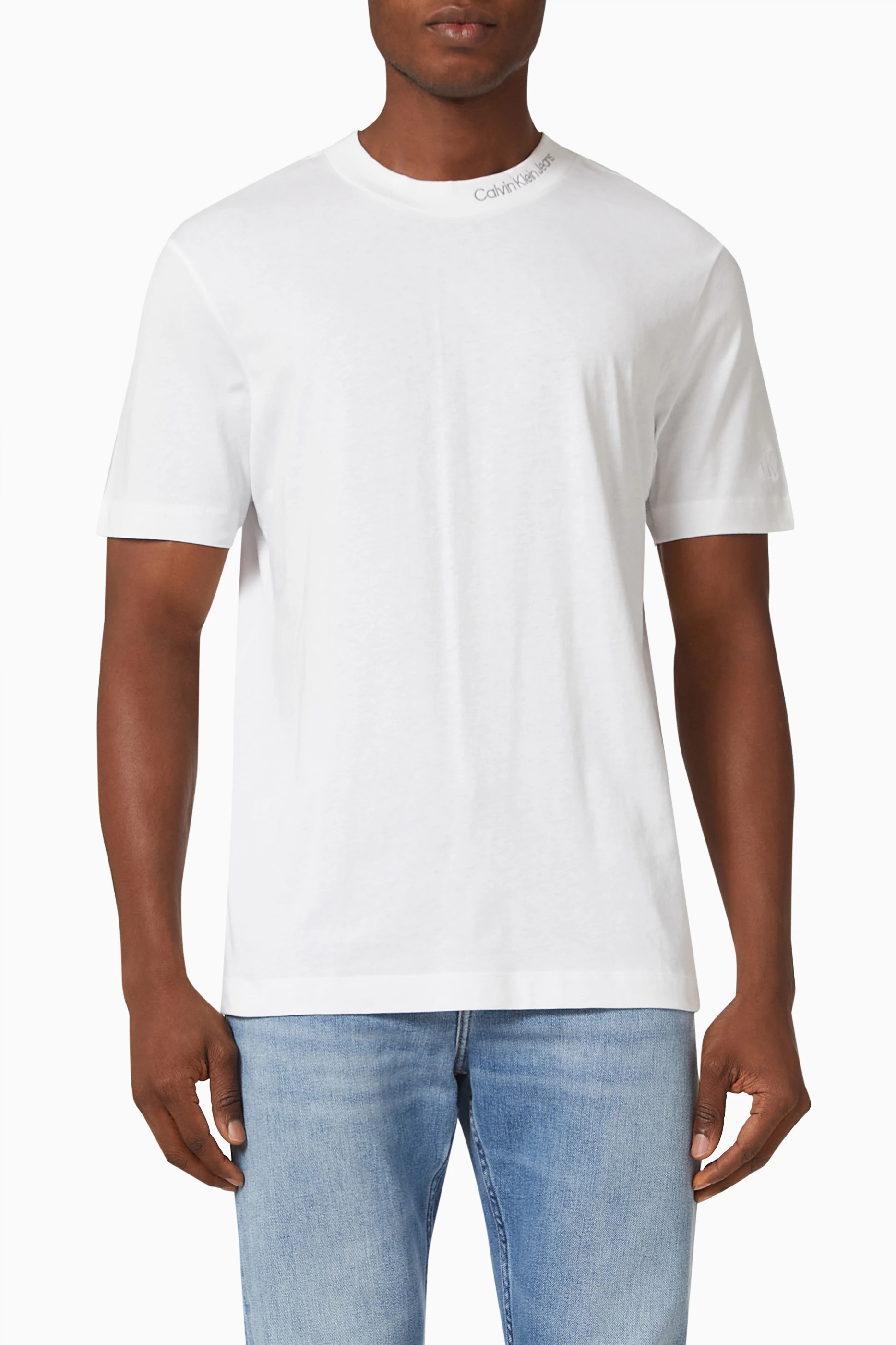 Buy Calvin Klein Jeans White Logo Collar T shirt in Cotton Jersey