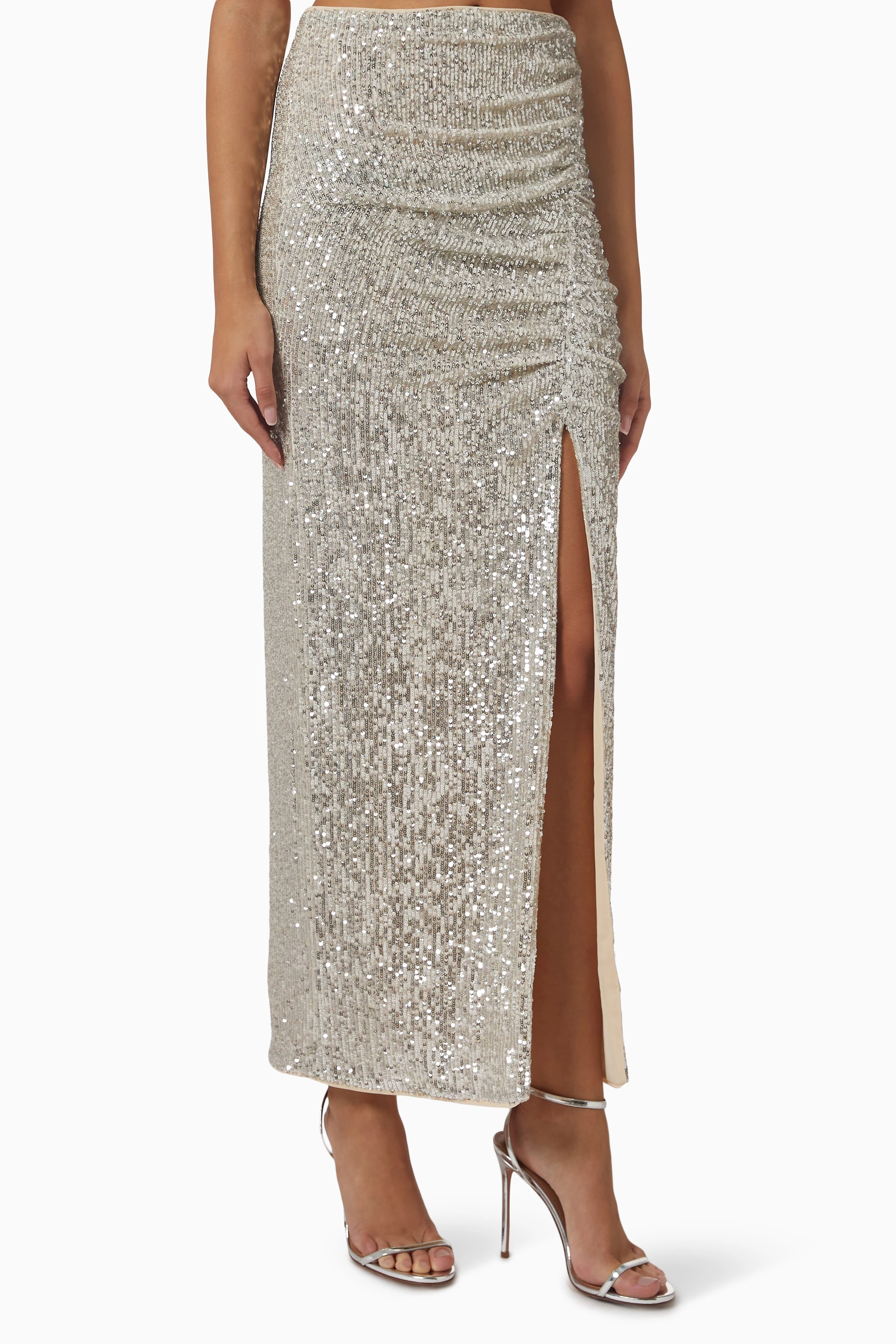 Buy Self Portrait Silver Sequin Maxi Skirt in Stretch Knit for Women in UAE Ounass