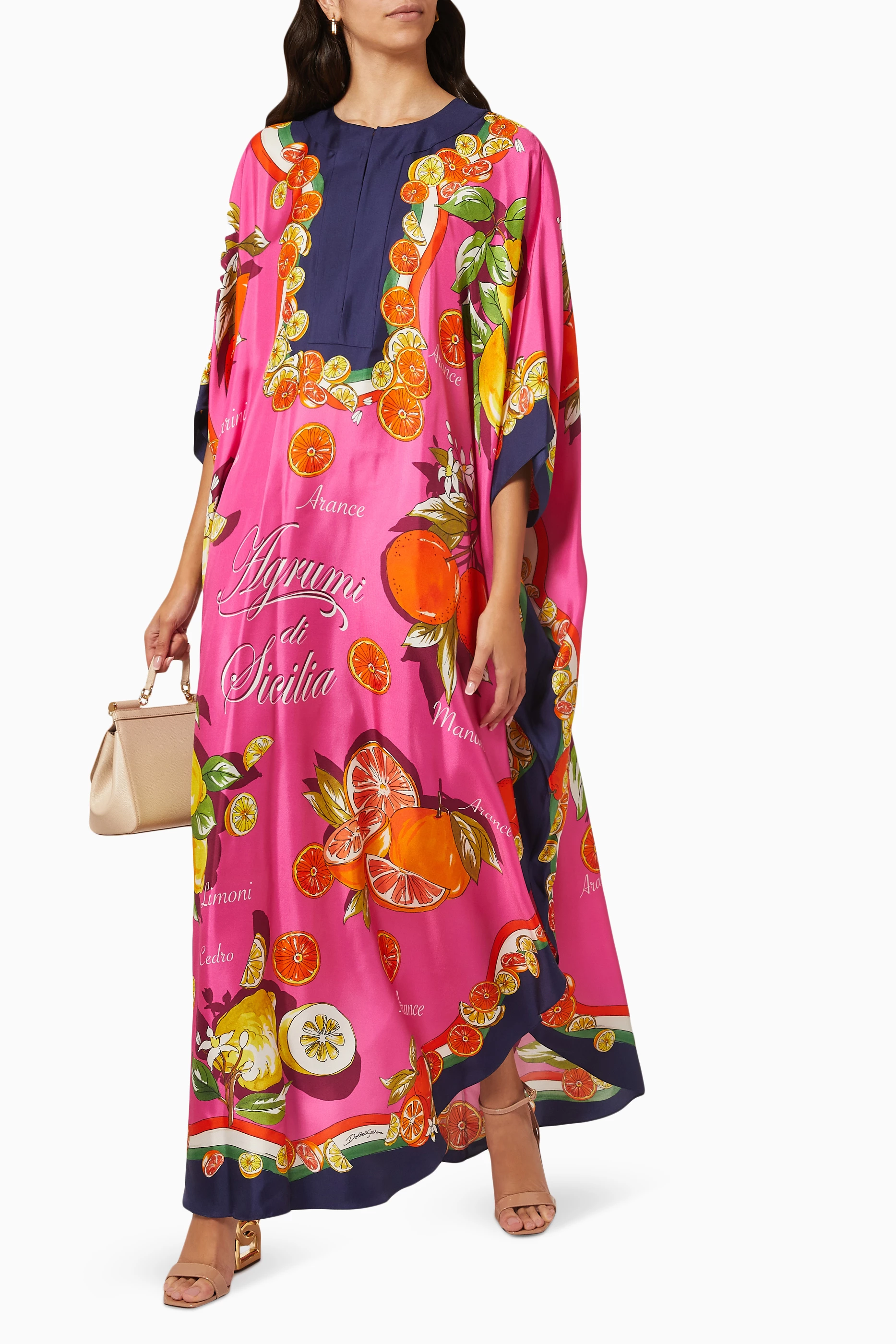 Buy Dolce Gabbana Pink Capri Citrus Print Maxi Kaftan in Silk