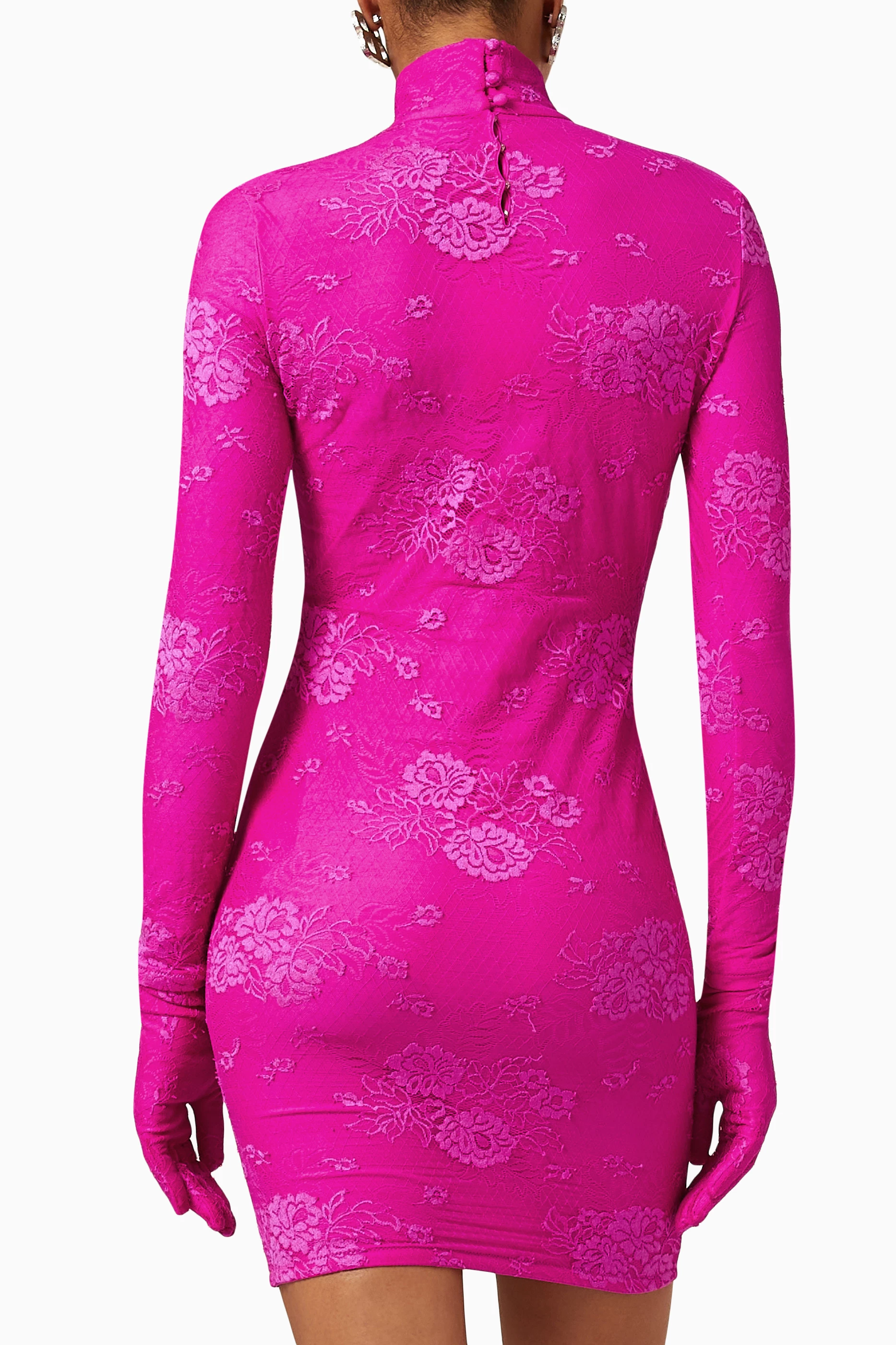 Buy Balenciaga Pink Lingerie Turtleneck Mini Dress in Stretch Lace