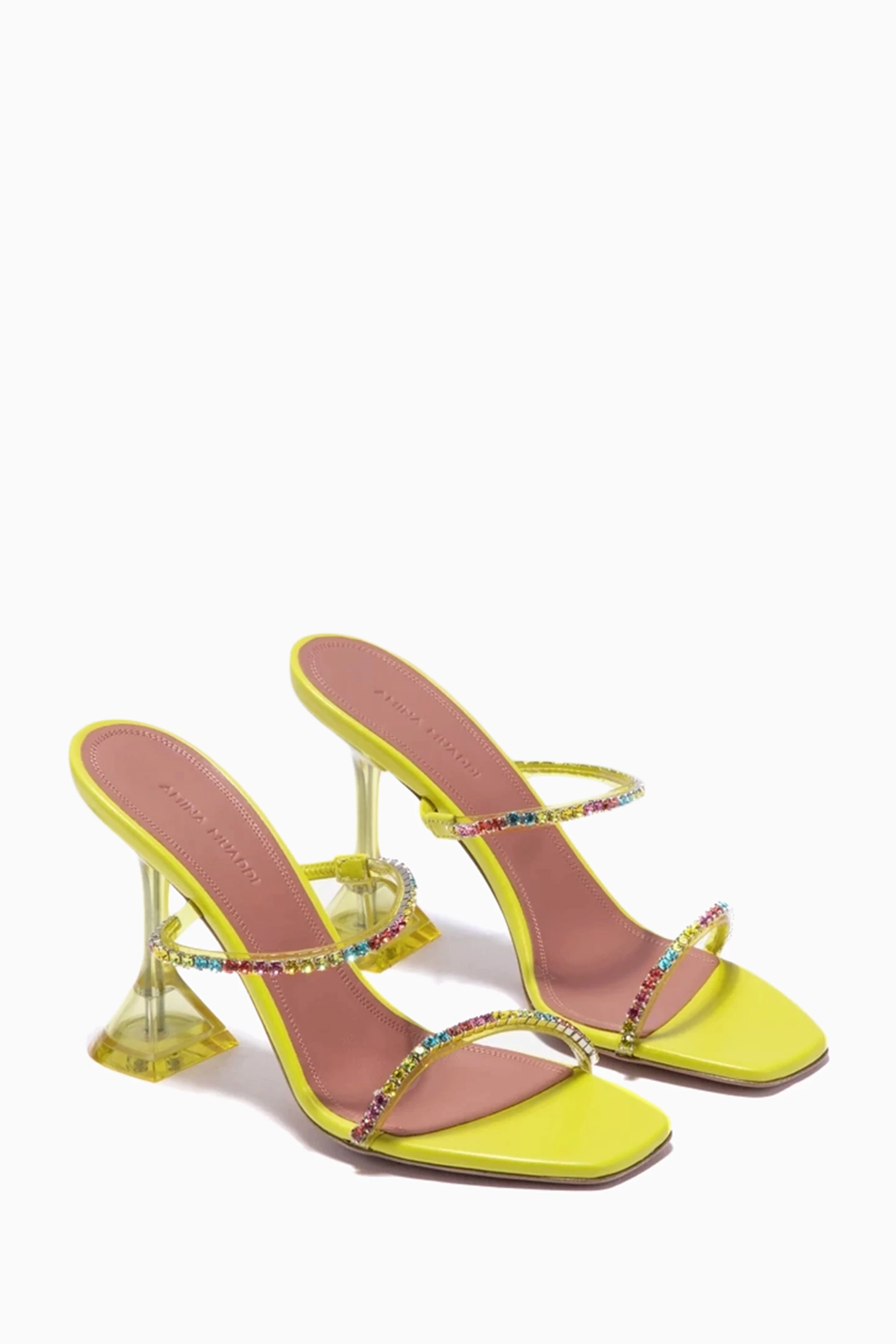 Buy Amina Muaddi Yellow Gilda 95 Crystal Mule Sandals in PVC for