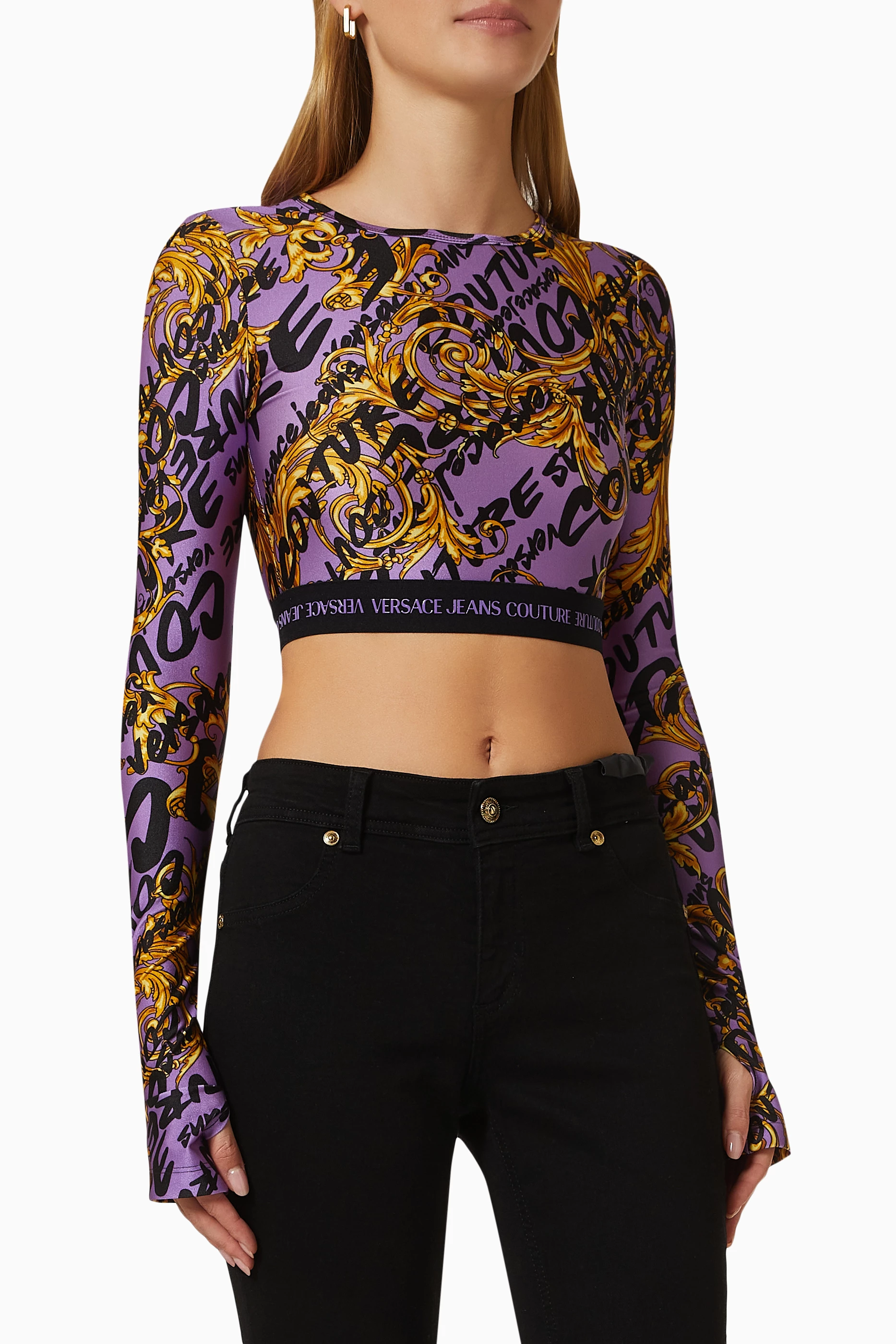 Buy Versace Jeans Couture Purple Logo Print Crop Top in Polyamide