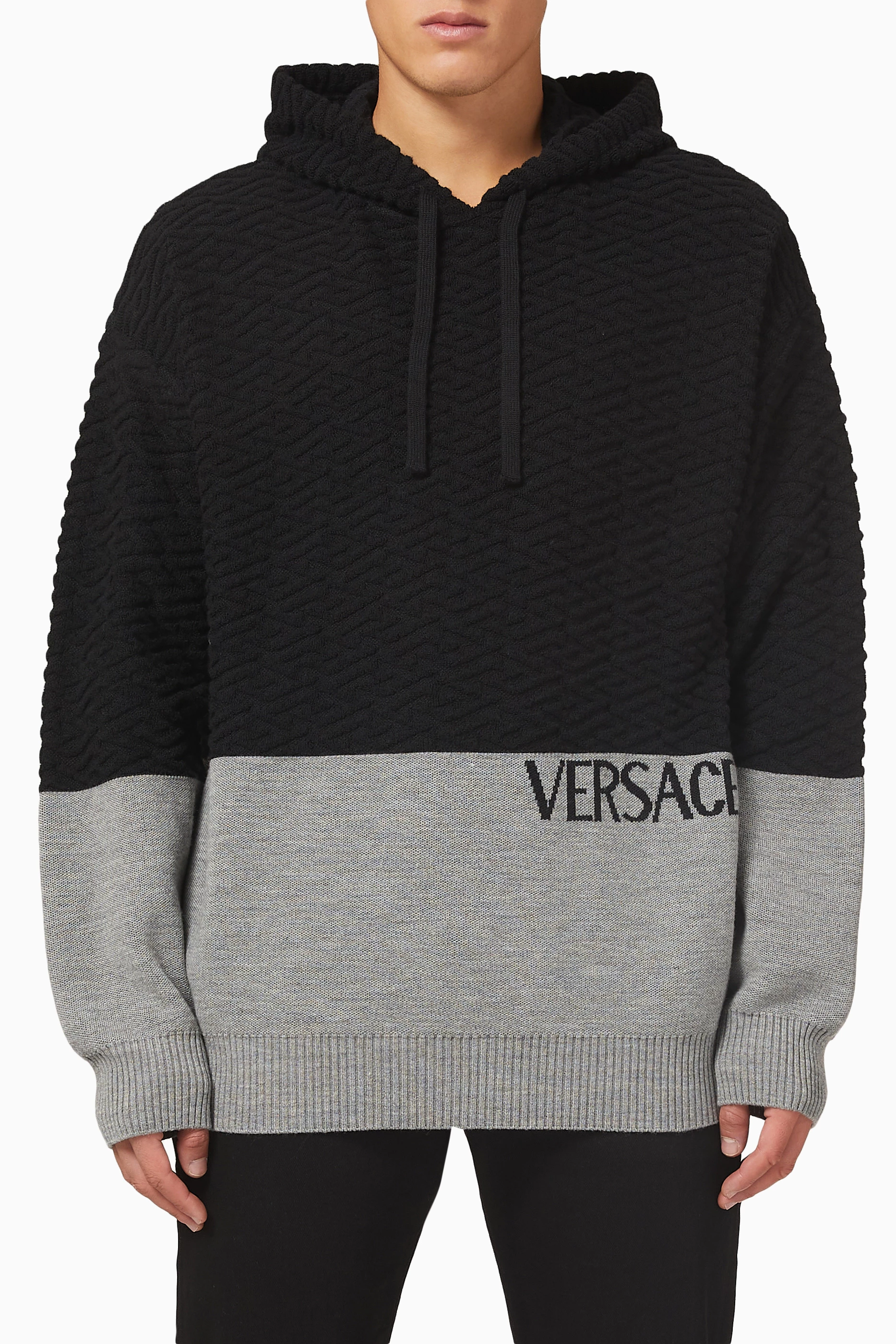 Buy Versace Grey La Greca Hoodie in Wool Knit for Men in UAE Ounass