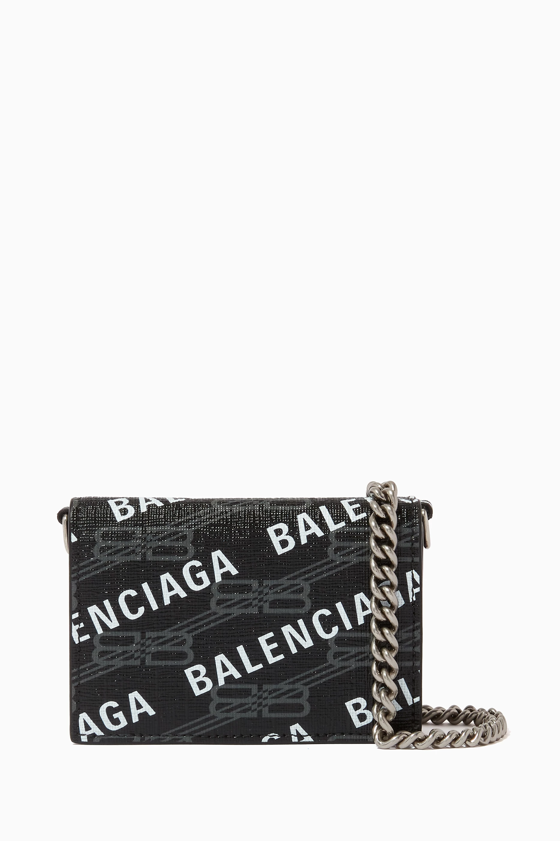 Buy Balenciaga Black Cash Mini Wallet on Chain in BB Monogram