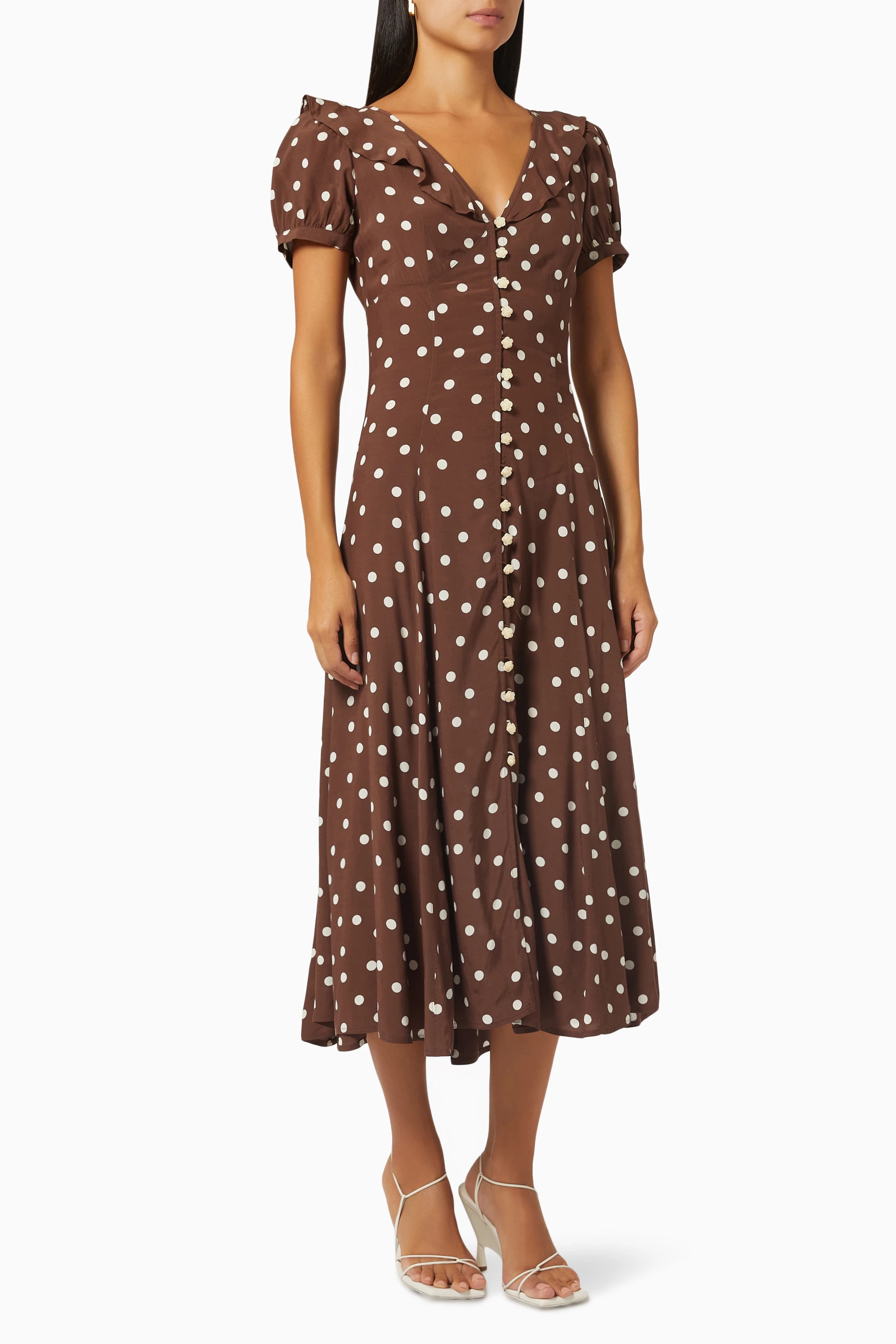 Buy Polo Ralph Lauren Brown Ruffled Midi Dress in Polka dot Crepe for Women in UAE Ounass