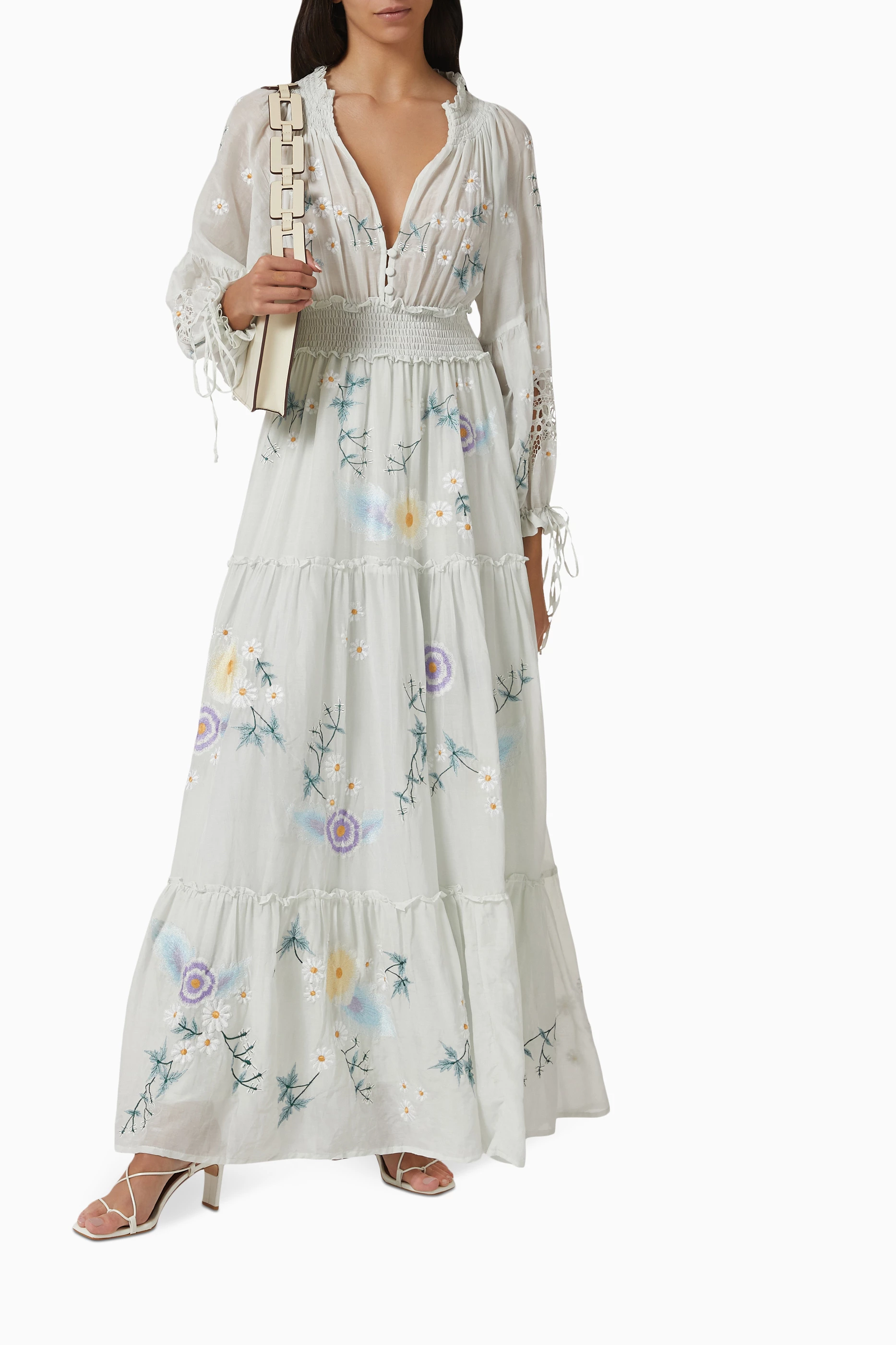 Buy Fillyboo Blue Daisy Island Embroidered Maxi Dress in Silk