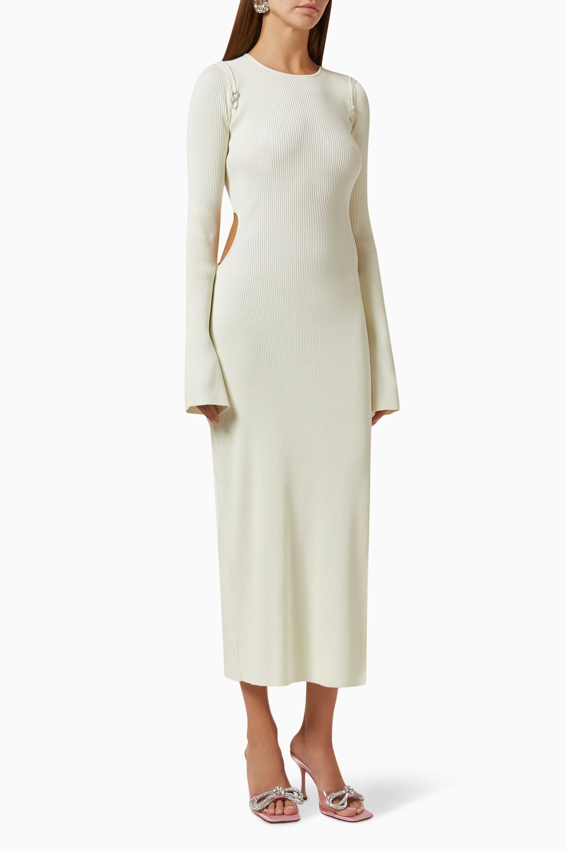 Buy Mach Mach Neutral Crystal Bow Midi Dress in Stretch Rib knit for Women in UAE Ounass