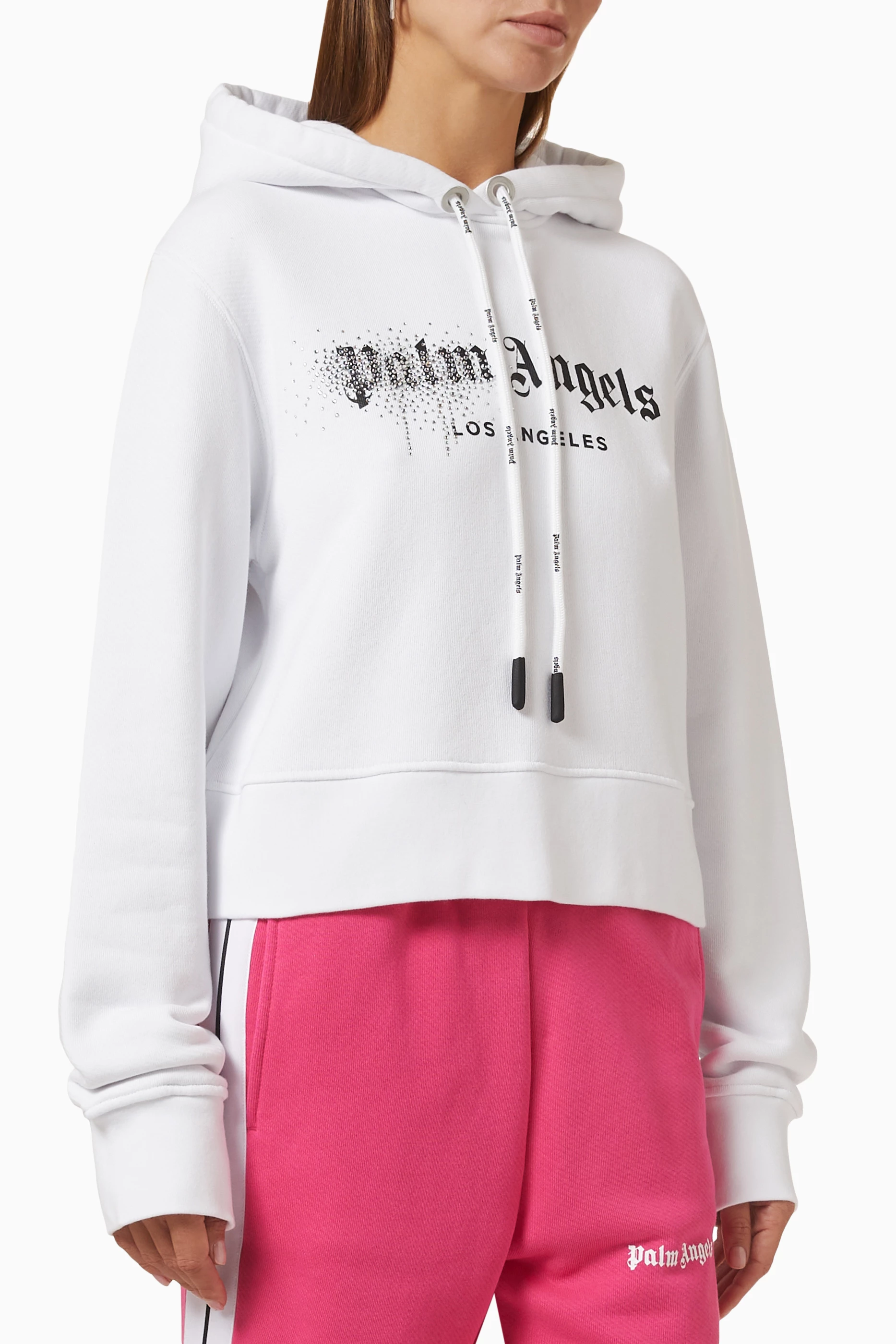 Buy Palm Angels White Rhinestone Logo Hoodie in Cotton for Women in UAE Ounass
