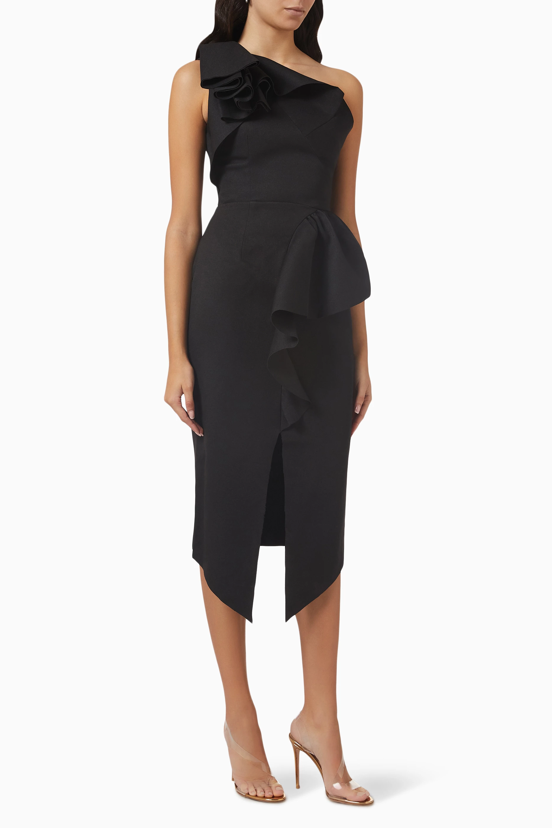 One shoulder ruffle midi dress online