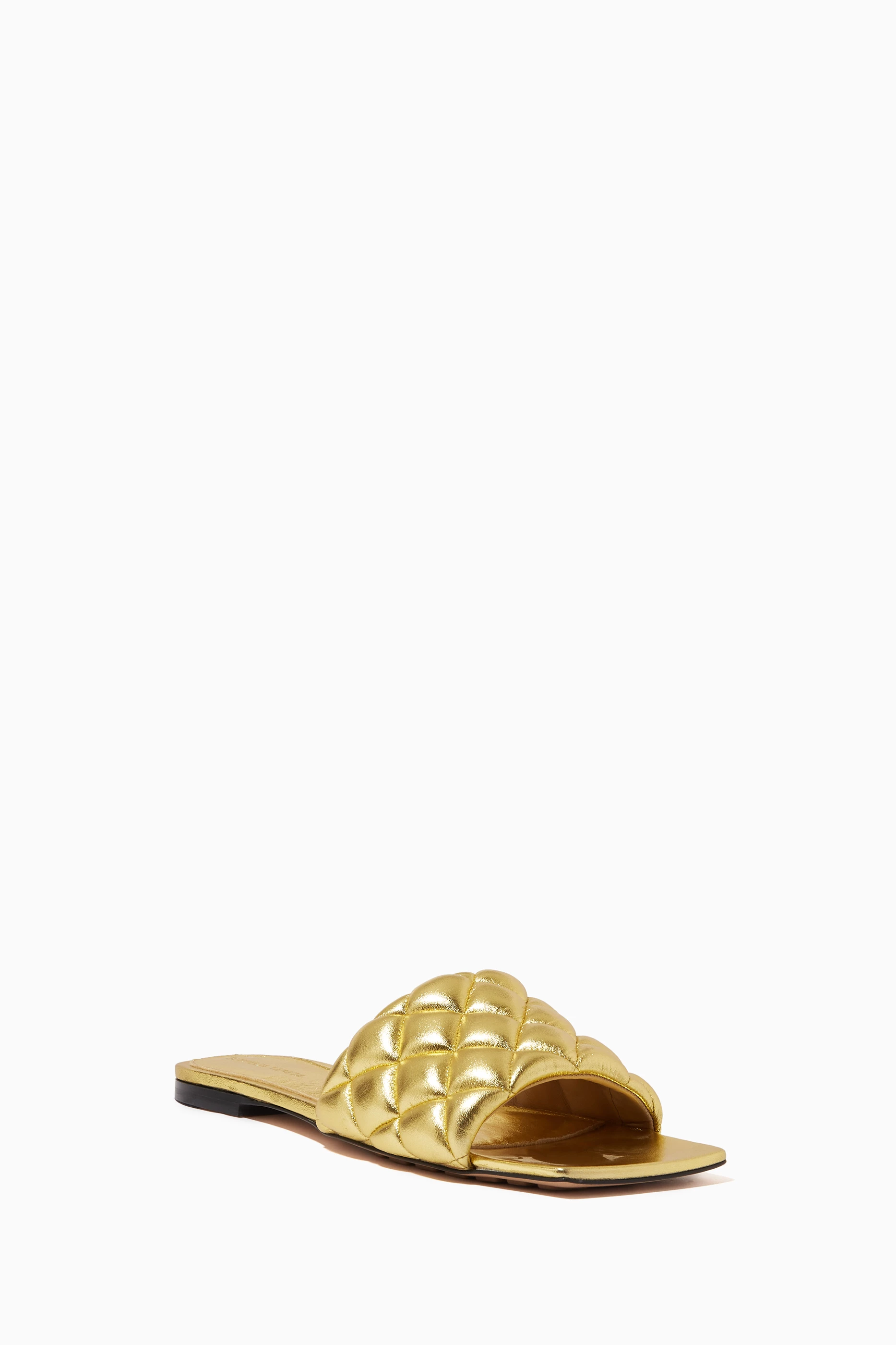 Buy Bottega Veneta Gold Padded Flat Sandals in Quilted Metallic