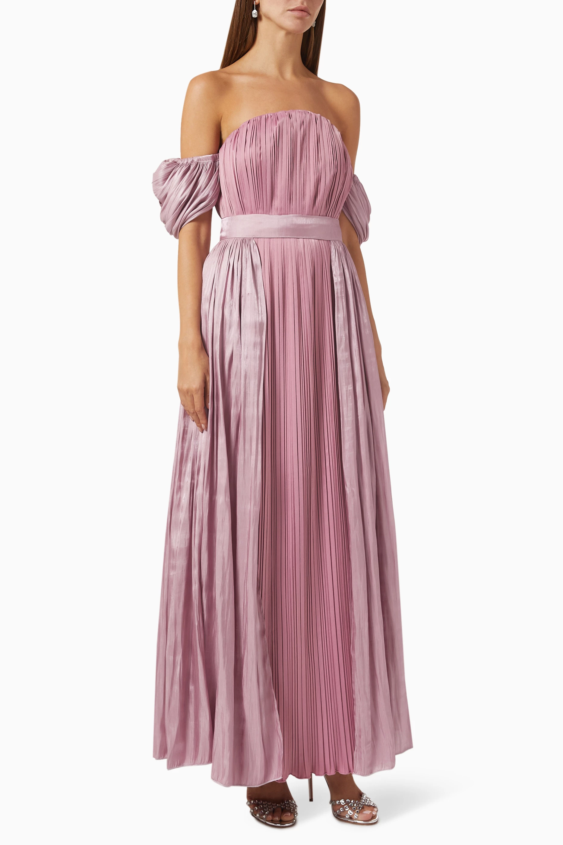 Halston heritage off shoulder pleated gown hotsell