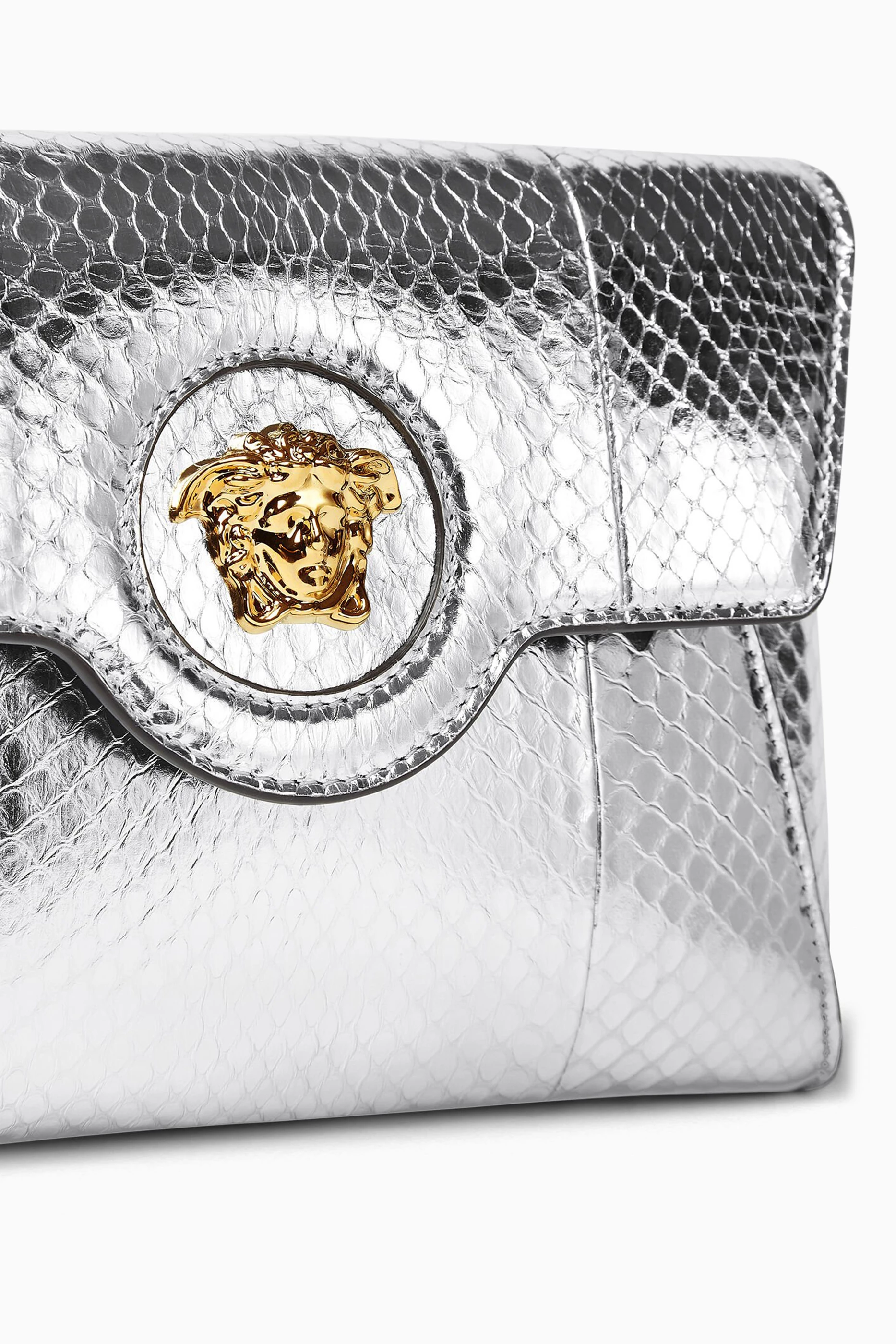 Buy Versace Silver La Medusa Envelope Clutch in Metallic Leather