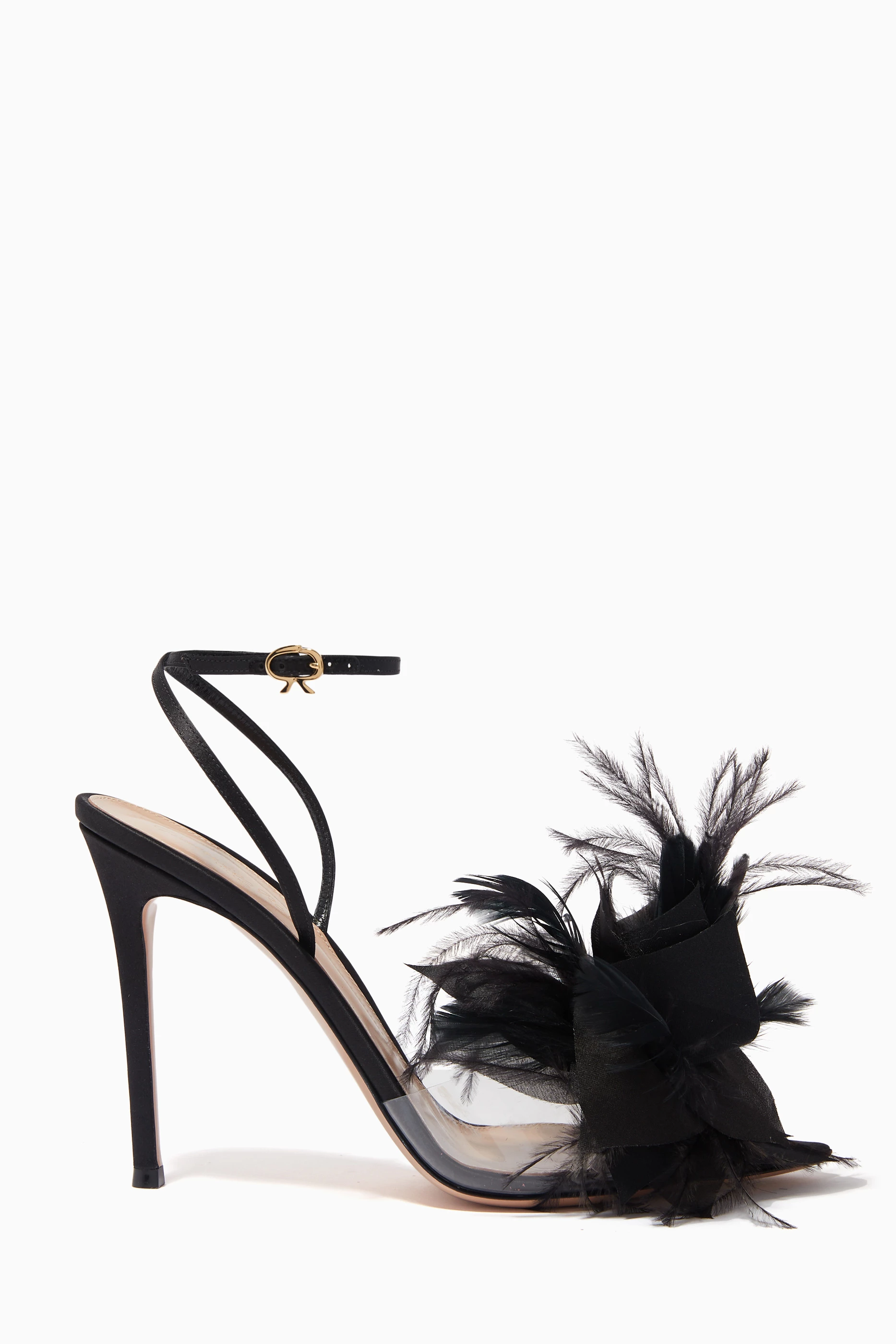 Buy Gianvito Rossi Black Feather embellished 105 Sandals in Satin