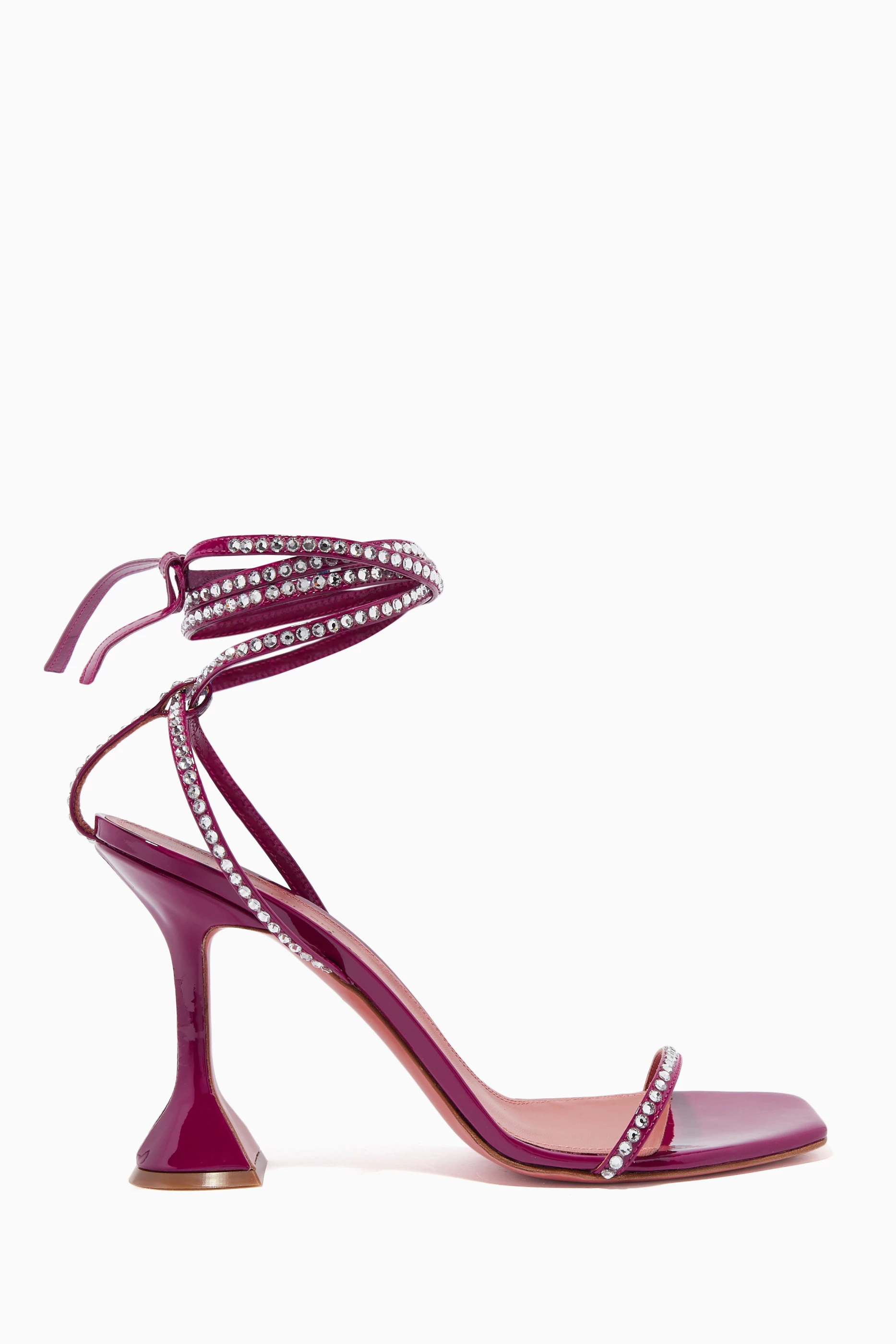Buy Amina Muaddi Pink Vita 95 Crystal Lace up Sandals in Patent