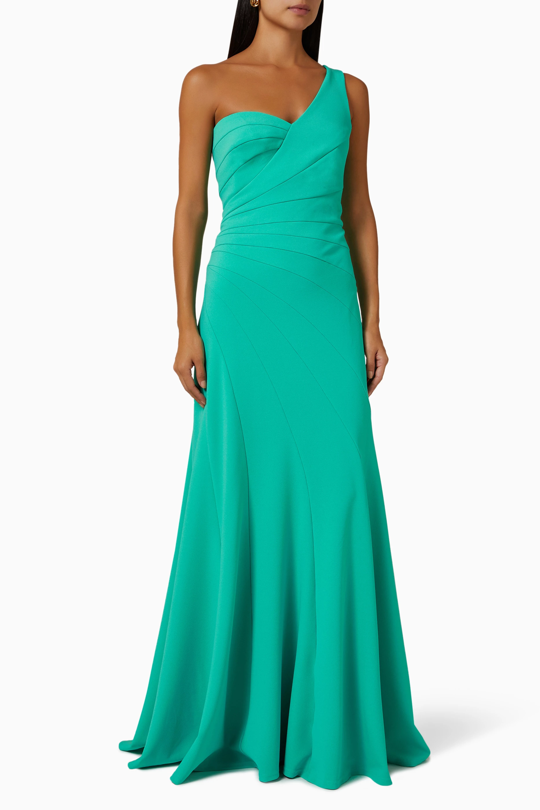 One shoulder green gown clearance