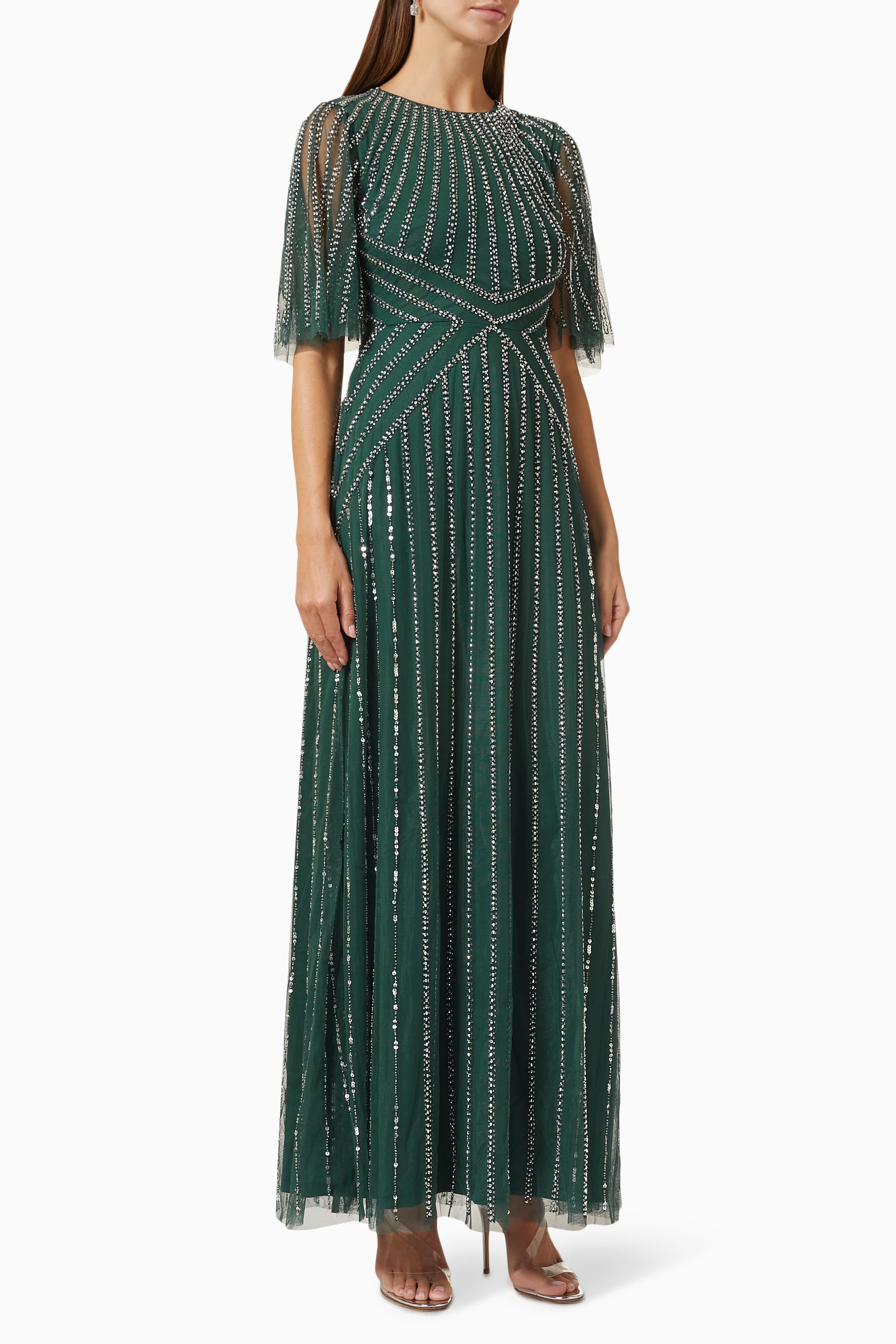 Buy Amelia Rose Green Bead embellished Maxi Dress in Tulle for