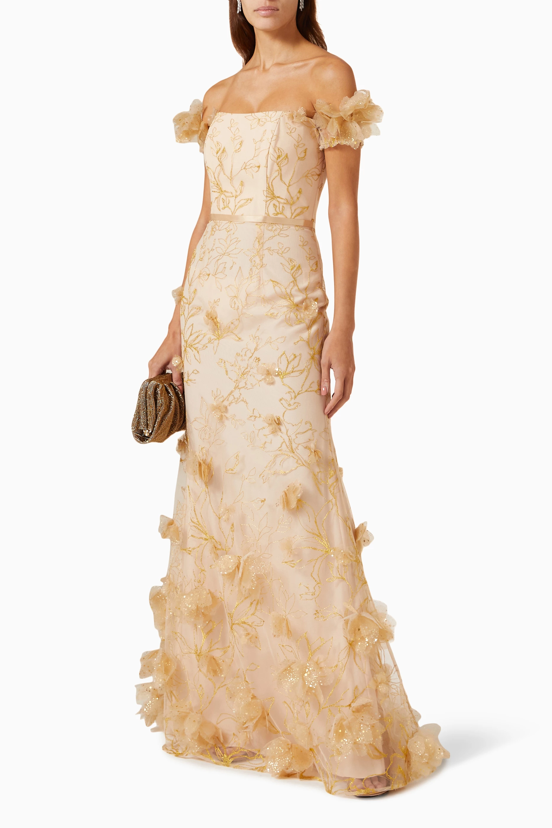 Buy Marchesa Notte Neutral 3D Floral Belted Gown in Lurex Tulle