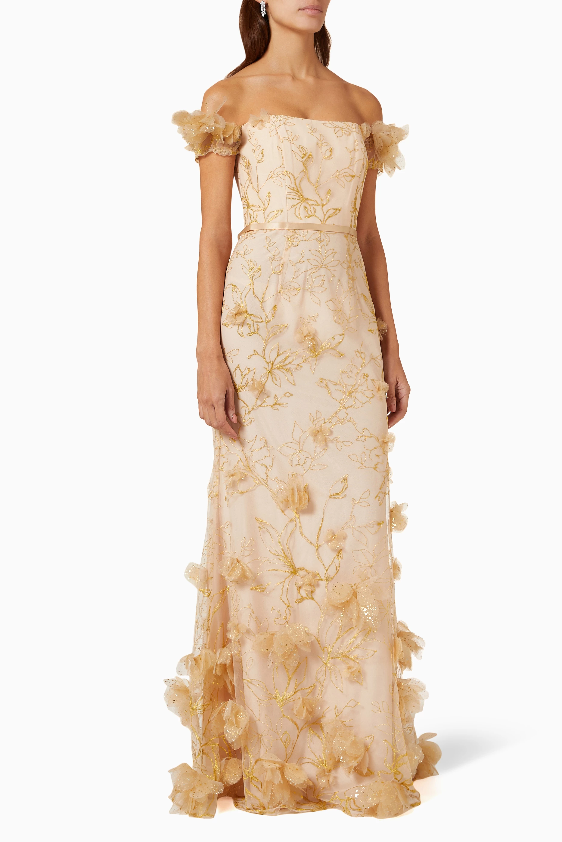 Buy Marchesa Notte Neutral 3D Floral Belted Gown in Lurex Tulle