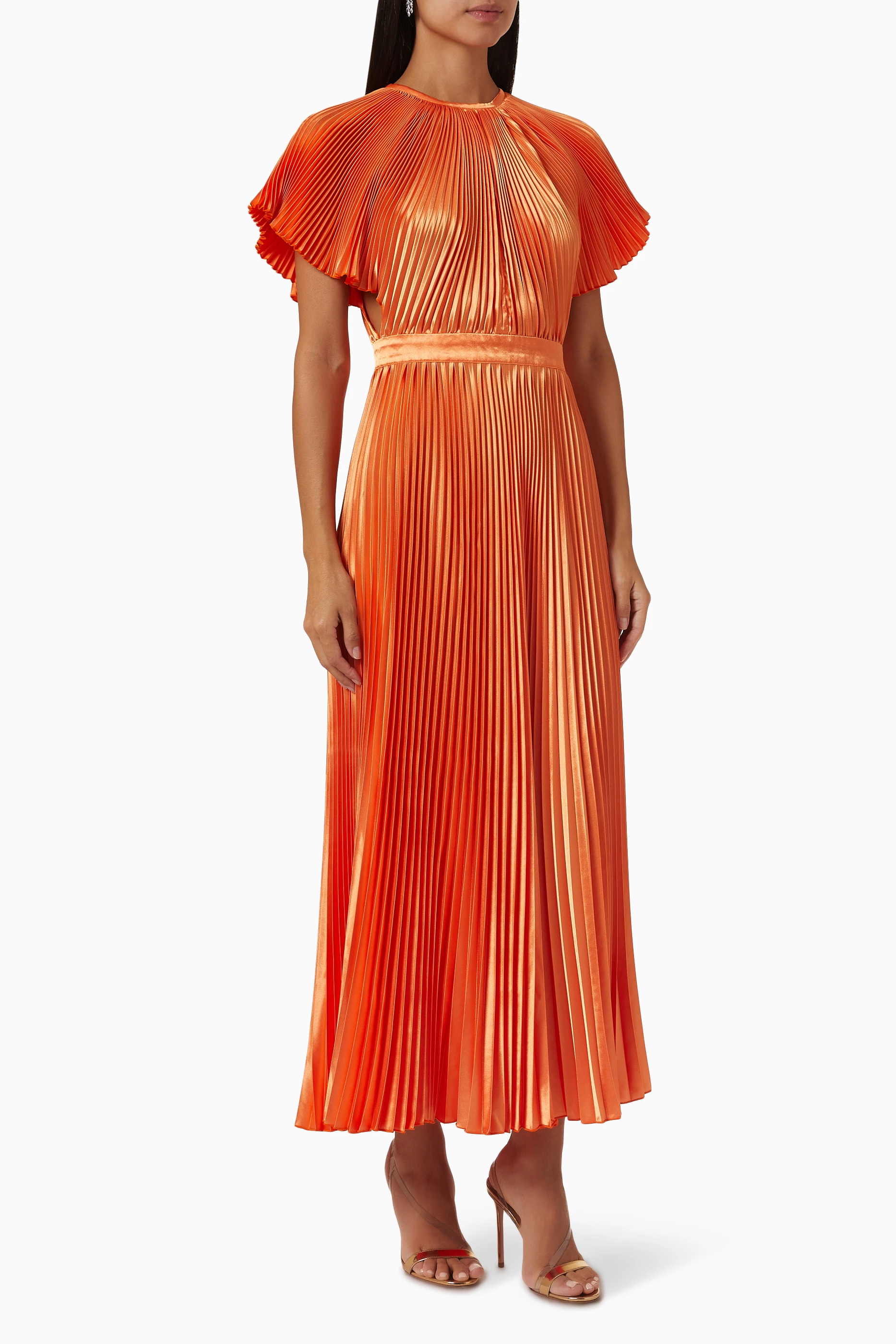 Orange pleated midi dress discount
