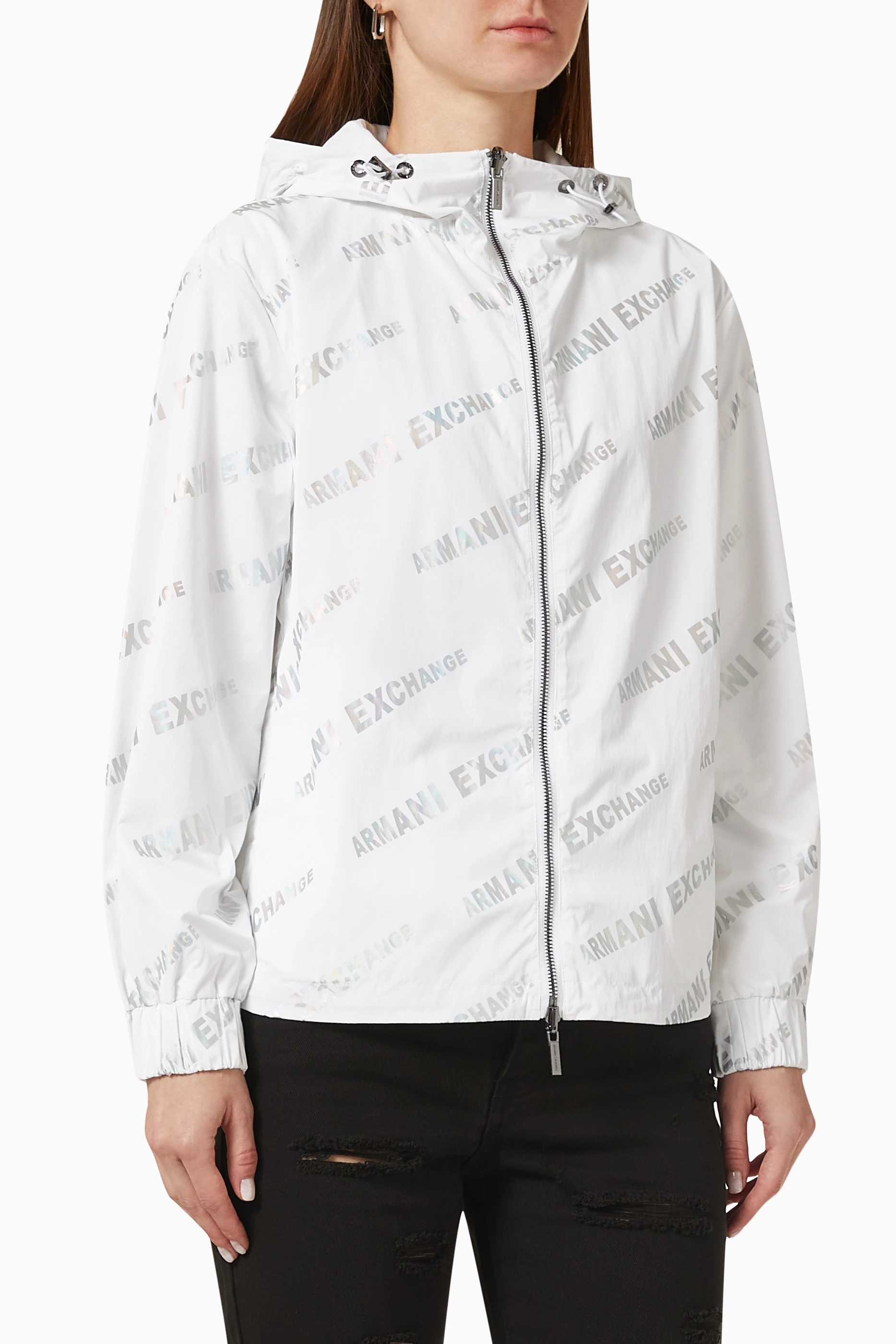 Buy Armani Exchange White All over Logo print Jacket for Women in