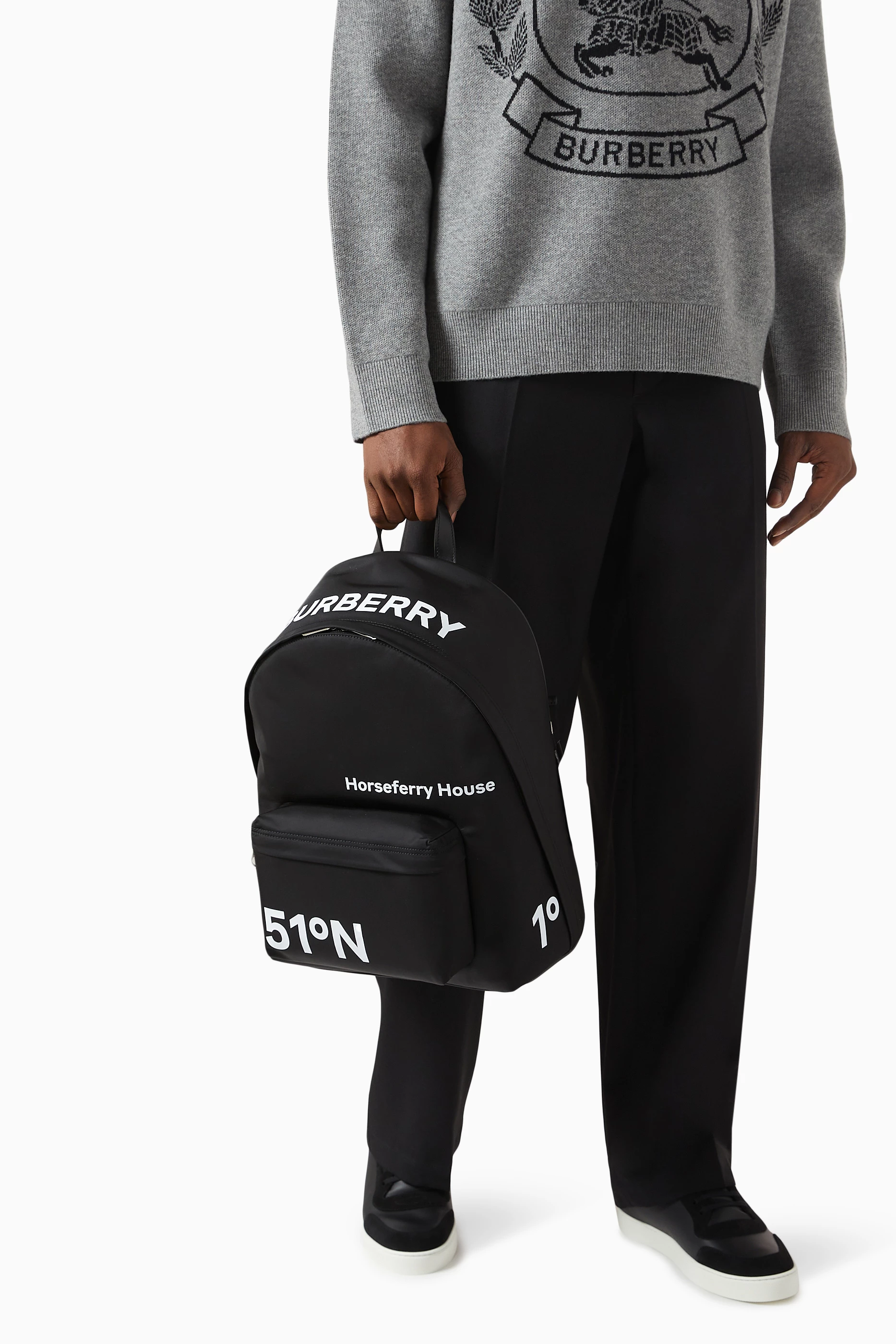 Buy Burberry Black Coordinates Print Backpack in ECONYL for Men