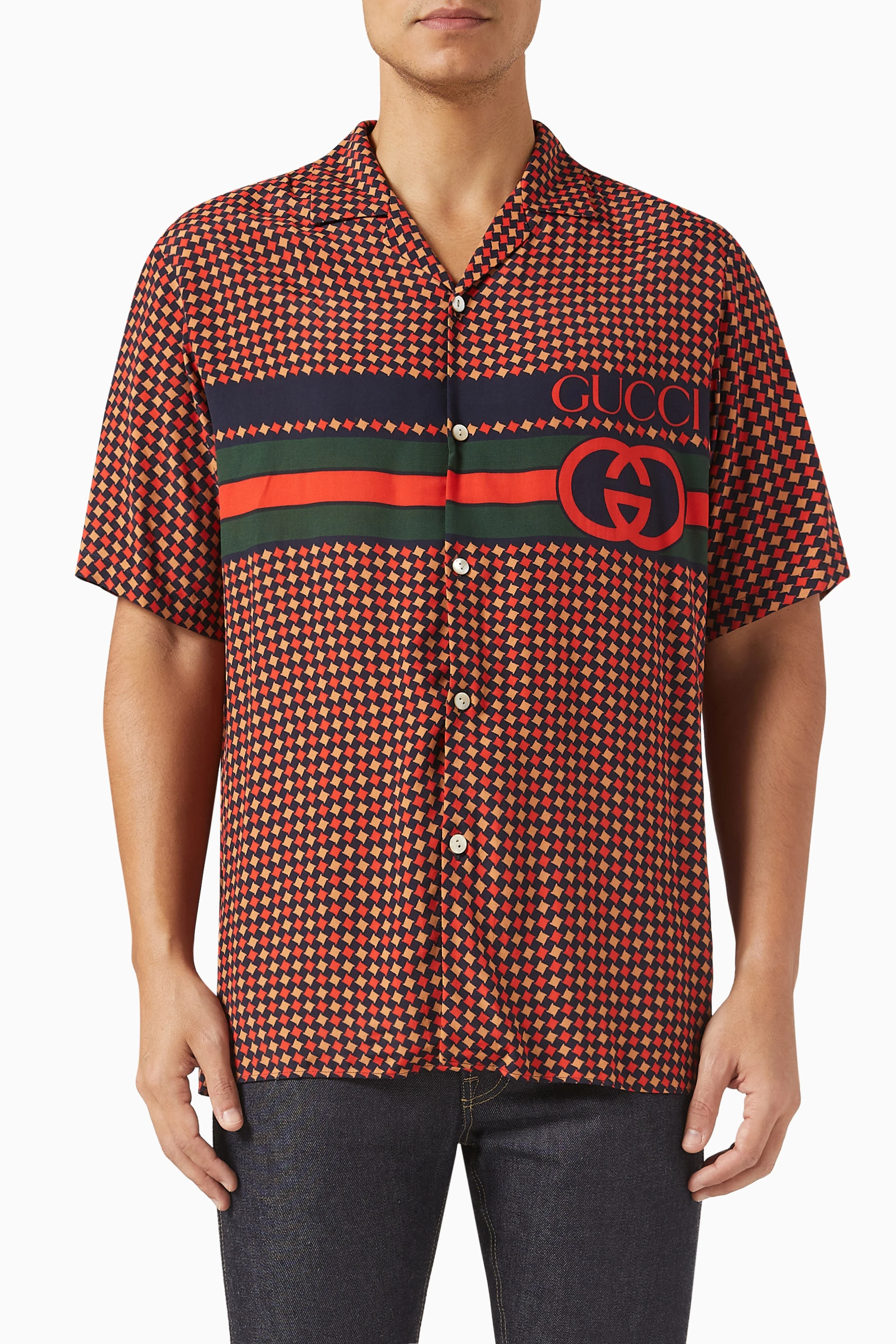 Buy Gucci Multicolour Web Interlocking G Stripe Bowling Shirt in Silk for Men in UAE Ounass