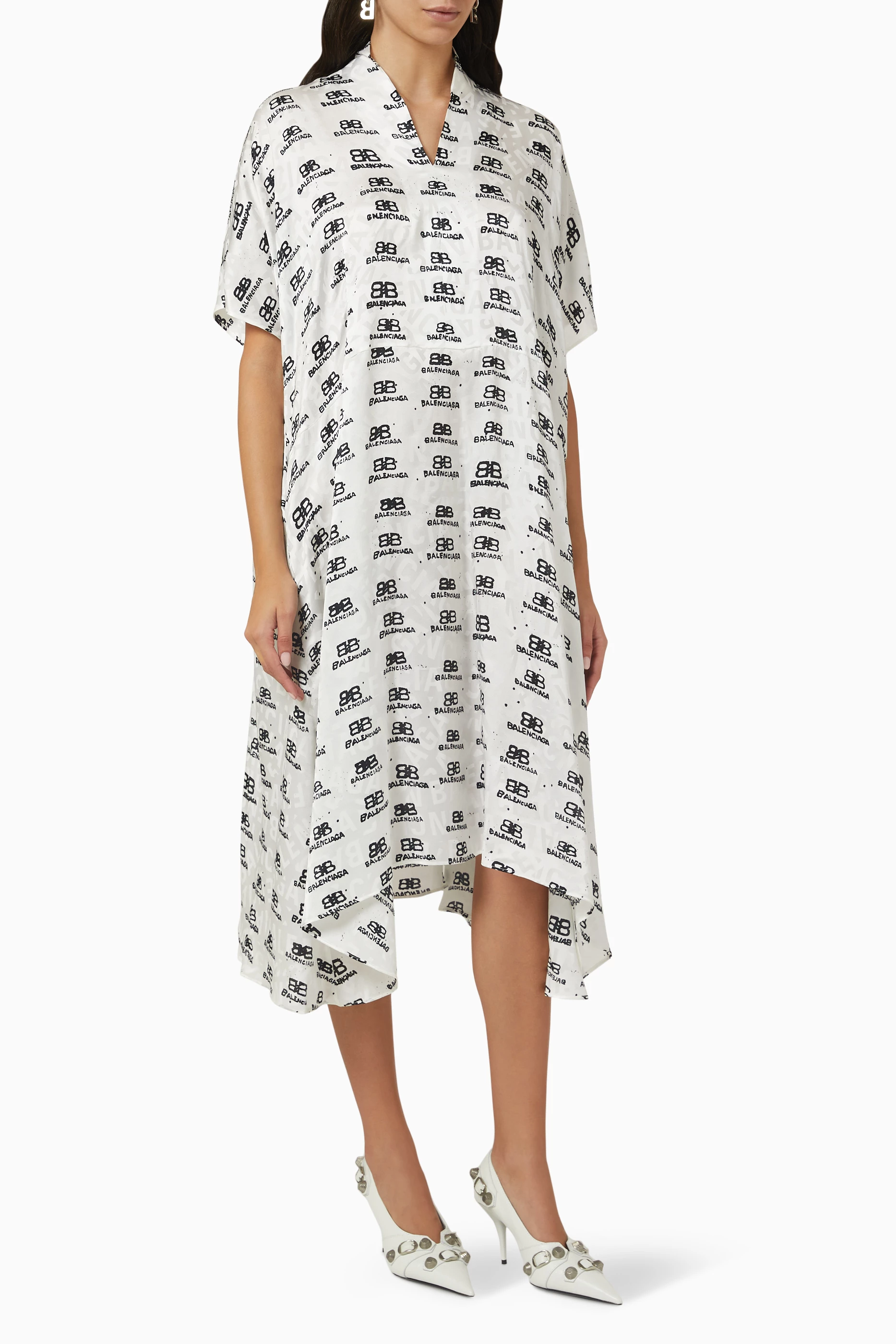 Buy Balenciaga White Oversized Logo print Dress in Crepe for Women in UAE Ounass
