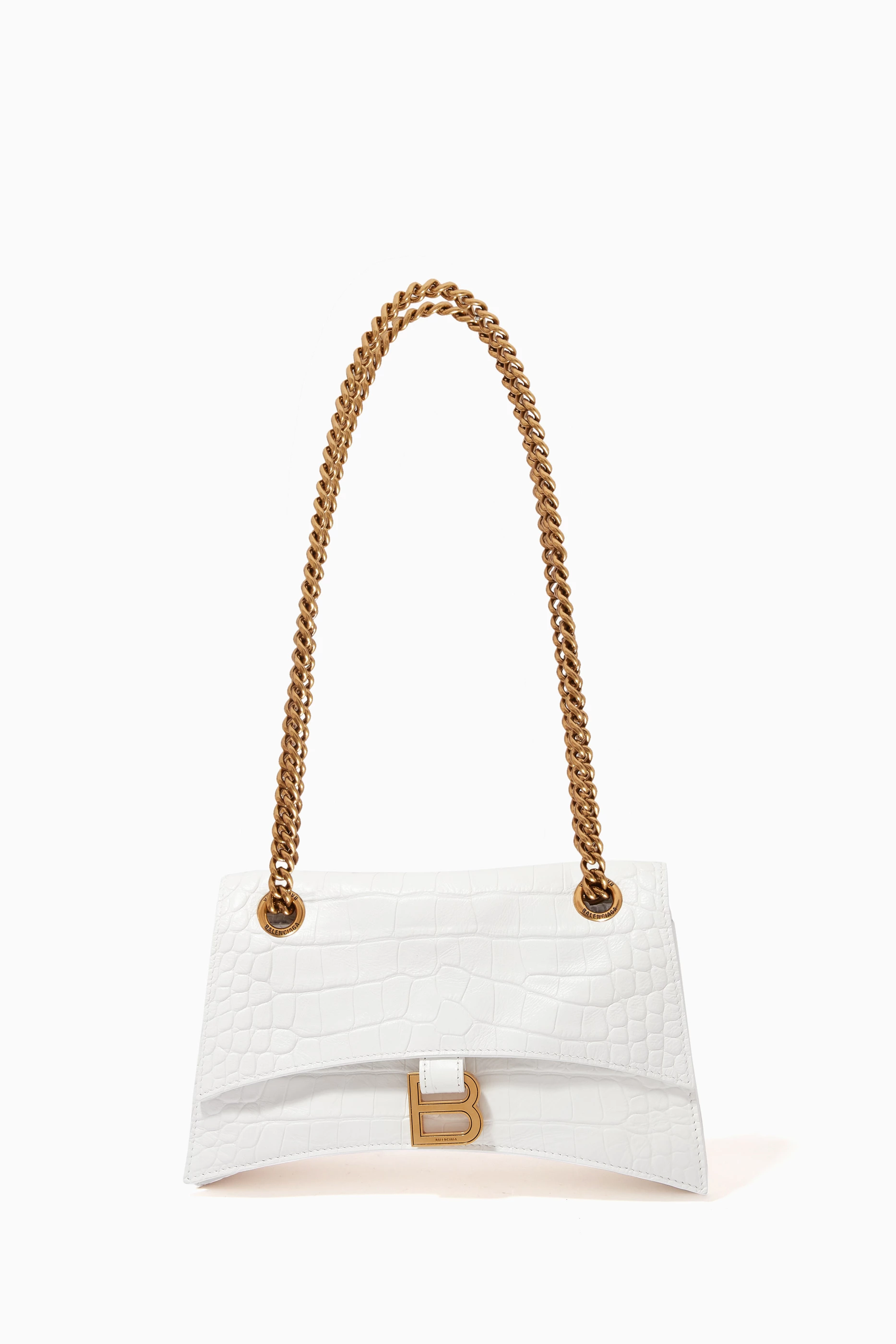 Women's Crush Small Chain Bag Crocodile Embossed in Optic White