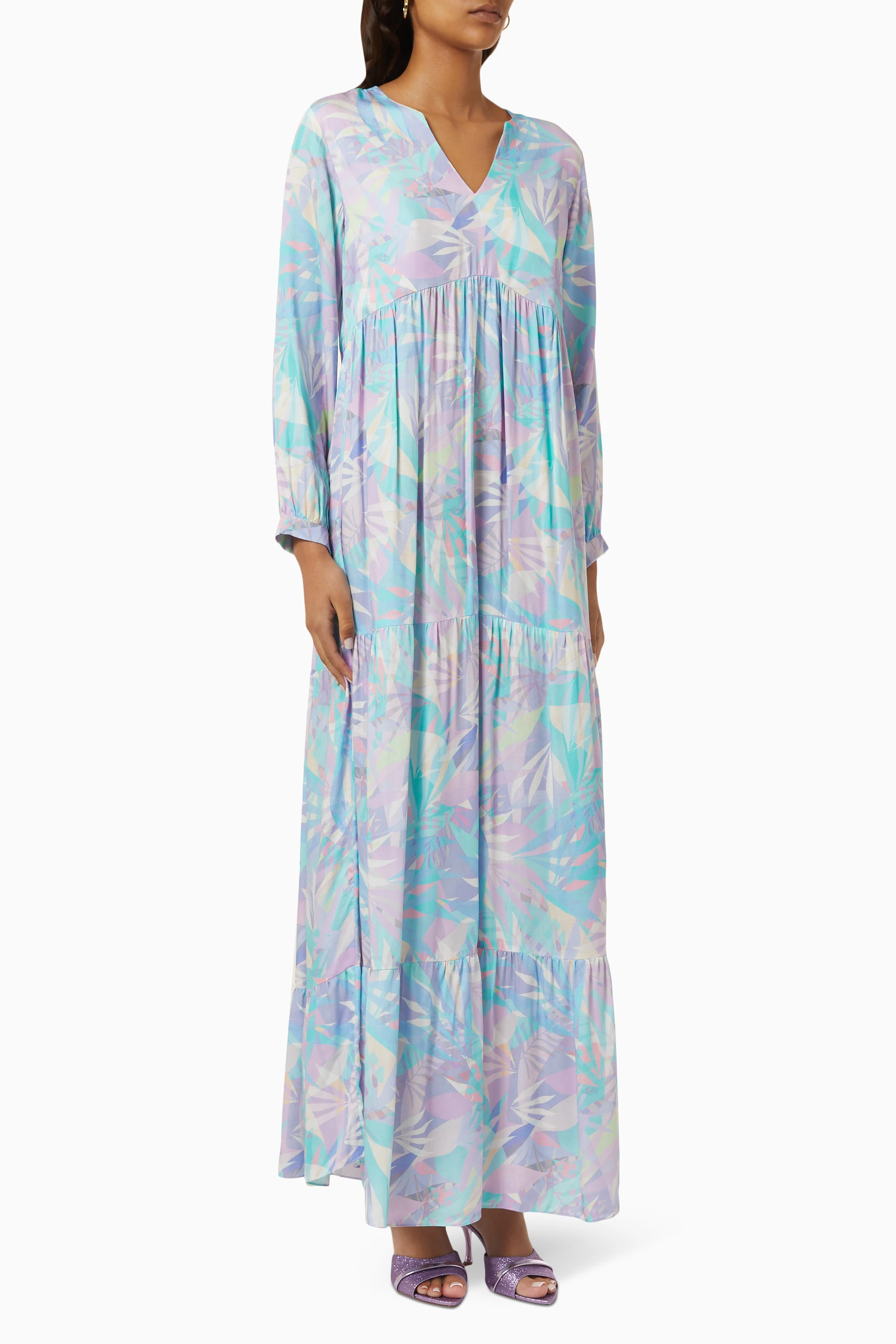 Buy Nawwar Blue Palm Tree print Maxi Dress for Women in UAE Ounass